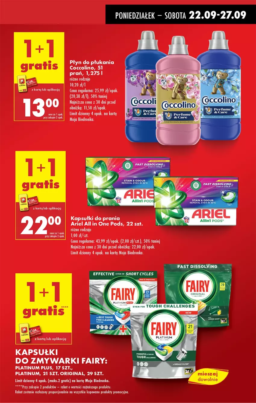 Gazetka promocyjna Biedronka - Od Poniedziałku - ważna 22.09 do 27.09.2025 - strona 11 - produkty: Ariel, Coccolino, Fa, Fairy, Gin, Gra, Kapsułki do prania, Płyn do płukania, Por, Zmywarki