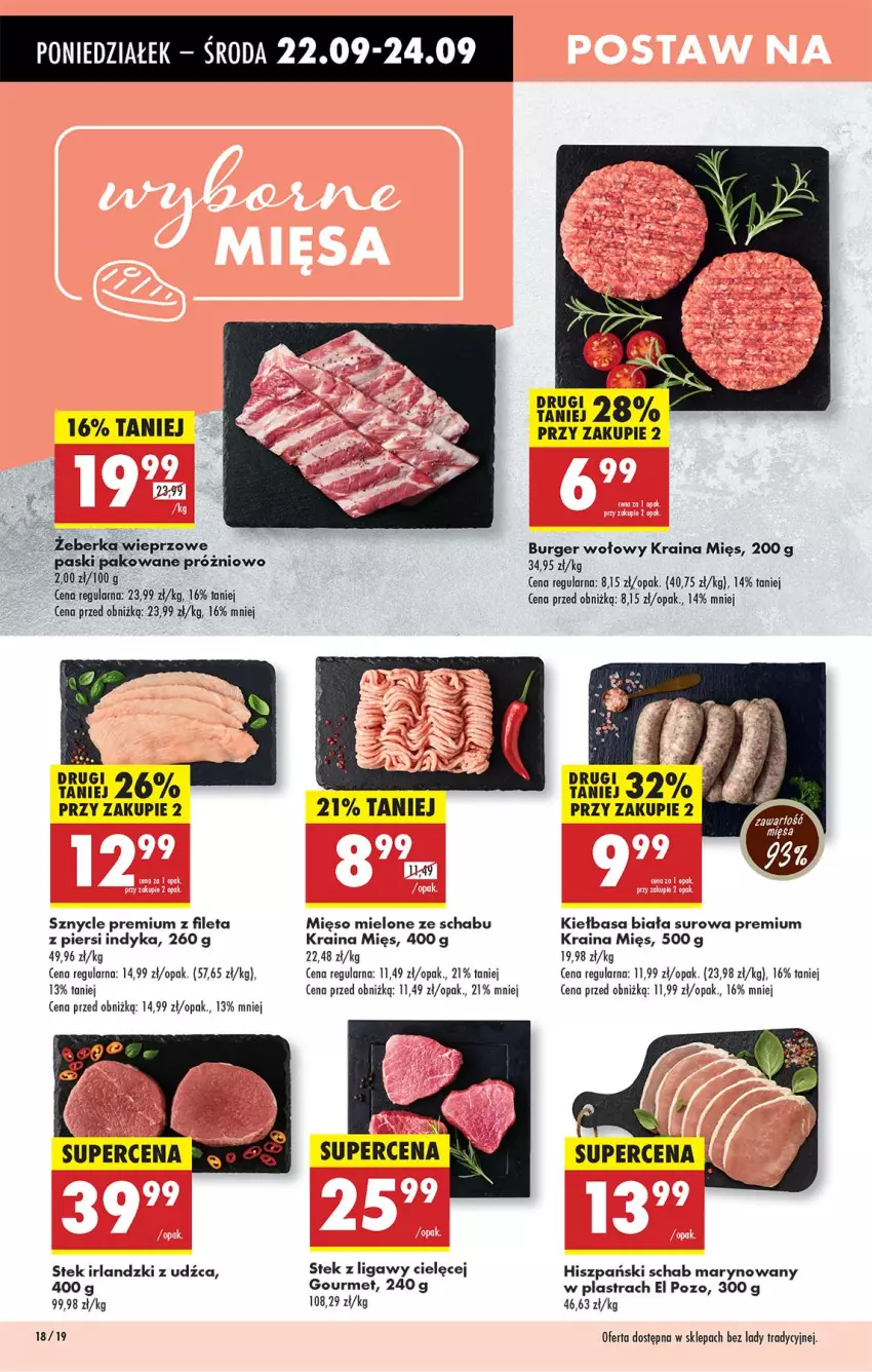 Gazetka promocyjna Biedronka - Od Poniedziałku - ważna 22.09 do 27.09.2025 - strona 18 - produkty: Burger, Fa, Kiełbasa, Kiełbasa biała, Mięso, Mięso mielone, Stek
