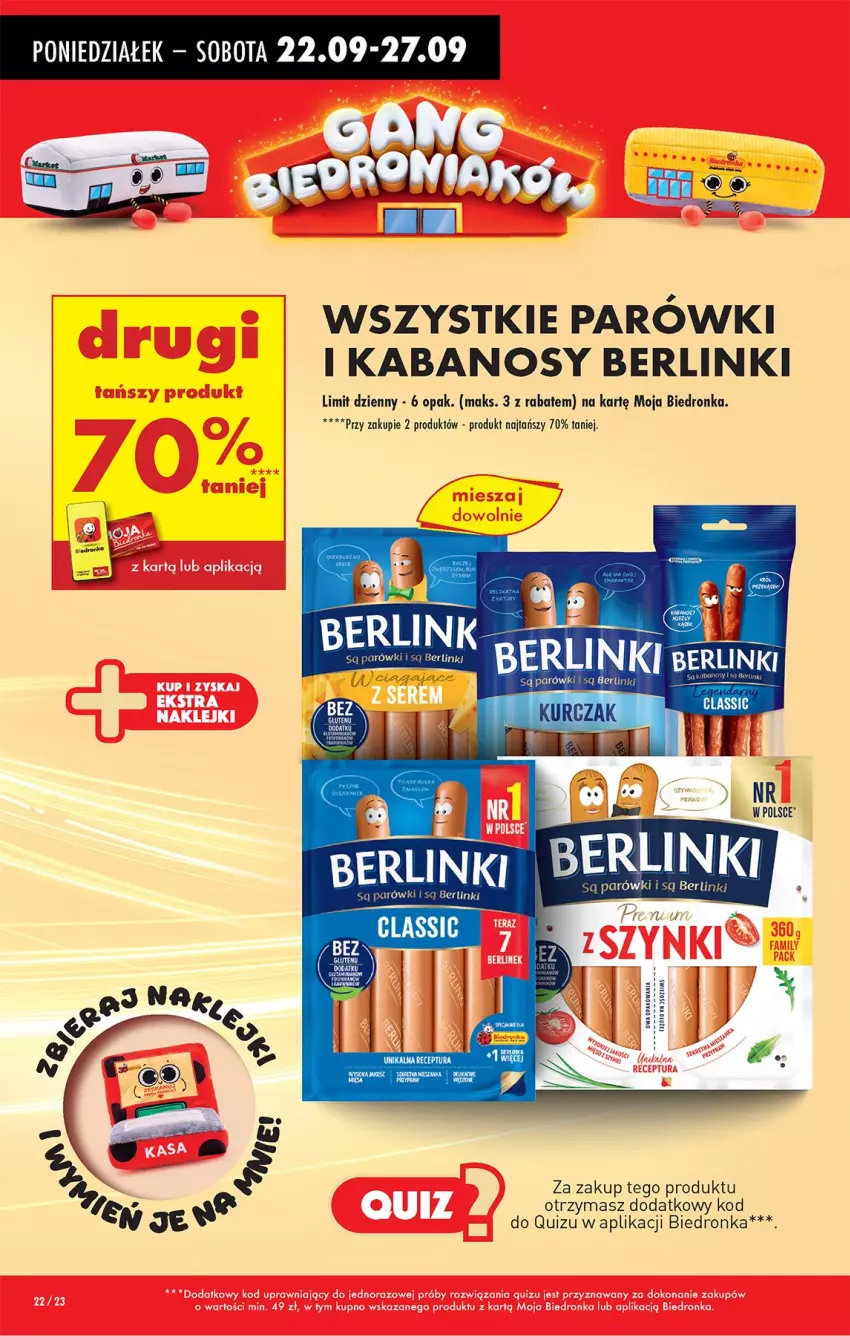 Gazetka promocyjna Biedronka - Od Poniedziałku - ważna 22.09 do 27.09.2025 - strona 22 - produkty: Berlinki, Kabanos, Parówki, Quiz