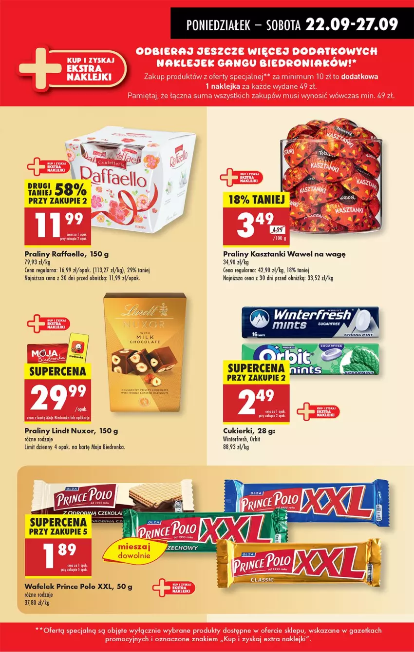 Gazetka promocyjna Biedronka - Od Poniedziałku - ważna 22.09 do 27.09.2025 - strona 25 - produkty: Cukier, Cukierki, Fa, Lindt, Orbit, Praliny, Prince Polo, Raffaello, Wawel