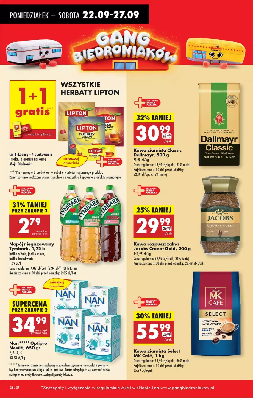 Gazetka promocyjna Biedronka - Od Poniedziałku - ważna 22.09 do 27.09.2025 - strona 26 - produkty: Dallmayr, Earl Grey, Gra, Jacobs, Karmi, Kawa, Kawa rozpuszczalna, Kawa ziarnista, Lipton, Mięta, Mleko, Napój, Napój niegazowany, O nas, Por, Tymbark