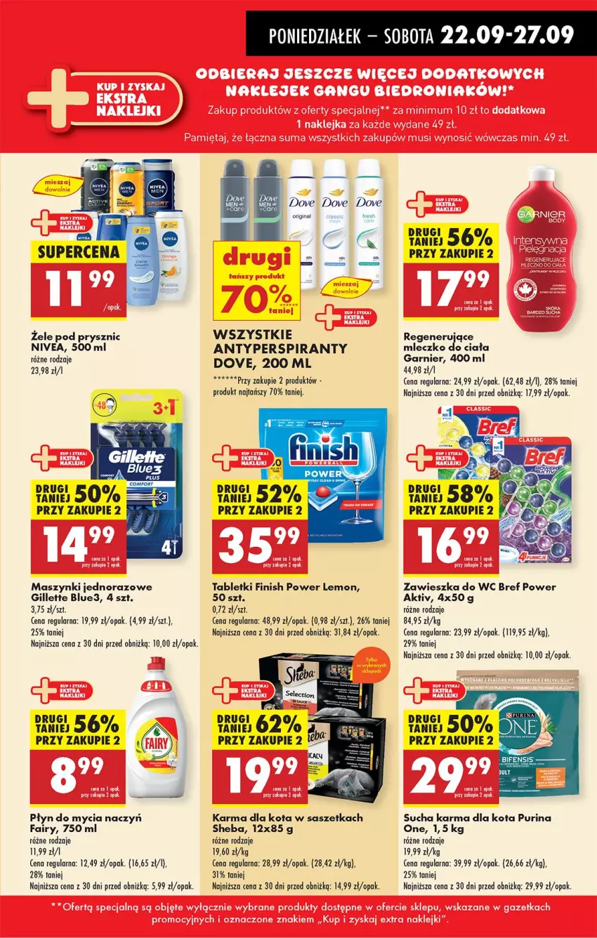 Gazetka promocyjna Biedronka - Od Poniedziałku - ważna 22.09 do 27.09.2025 - strona 27 - produkty: Antyperspirant, Bref, Do mycia naczyń, Dove, Fa, Fairy, Finish, Garnier, Gillette, Mleczko, Mleczko do ciała, Nivea, Płyn do mycia, Płyn do mycia naczyń, Pur, Purina, Sheba, Sucha karma, Tablet, Zawieszka do wc
