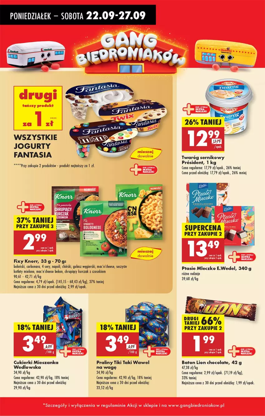 Gazetka promocyjna Biedronka - Od Poniedziałku - ważna 22.09 do 27.09.2025 - strona 28 - produkty: Baton, Beko, Cukier, Cukierki, Fa, Fanta, Jogurt, Knorr, Kotlet, Kurczak, Lion, Mleczko, Praliny, Ptasie mleczko, Ser, Wawel