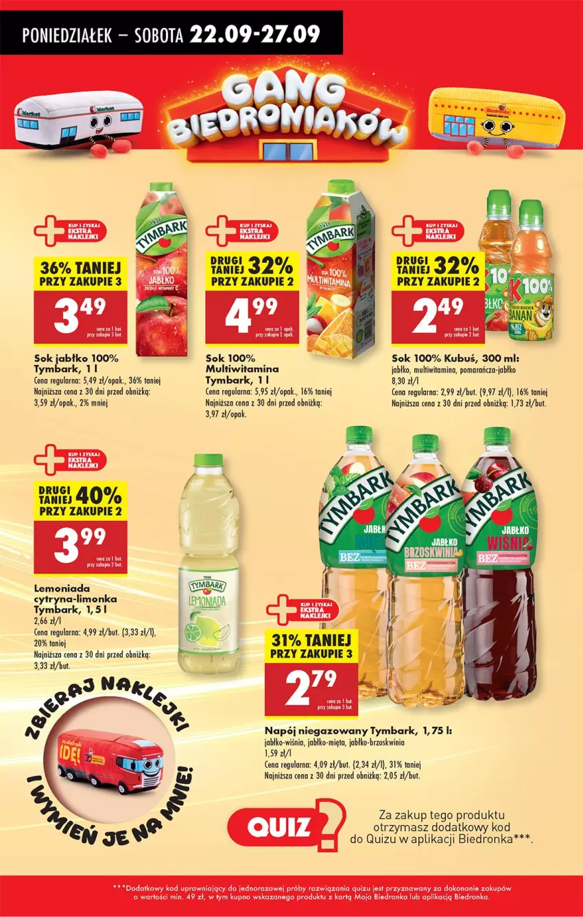 Gazetka promocyjna Biedronka - Od Poniedziałku - ważna 22.09 do 27.09.2025 - strona 30 - produkty: Kubuś, Lemoniada, Limonka, Mięta, Napój, Napój niegazowany, Quiz, Sok, Tymbark