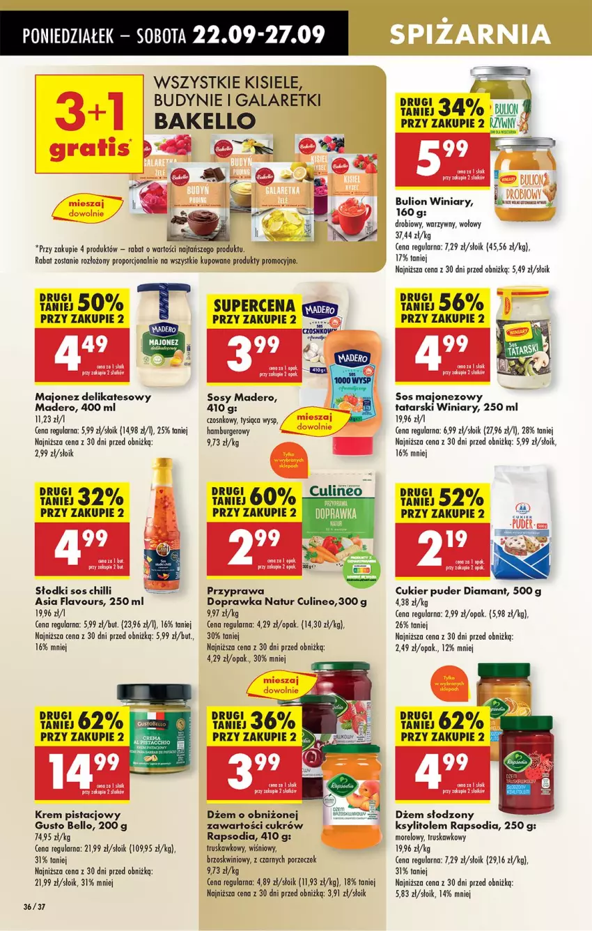 Gazetka promocyjna Biedronka - Od Poniedziałku - ważna 22.09 do 27.09.2025 - strona 40 - produkty: Bell, Bulion, Burger, Cukier, Cukier puder, Diamant, Dżem, Gala, Galaretki, Hamburger, Kisiel, Krem pistacjowy, Ksylitol, Leon, Lion, Majonez, Por, Puder, Sos, Sos chilli, Winiary