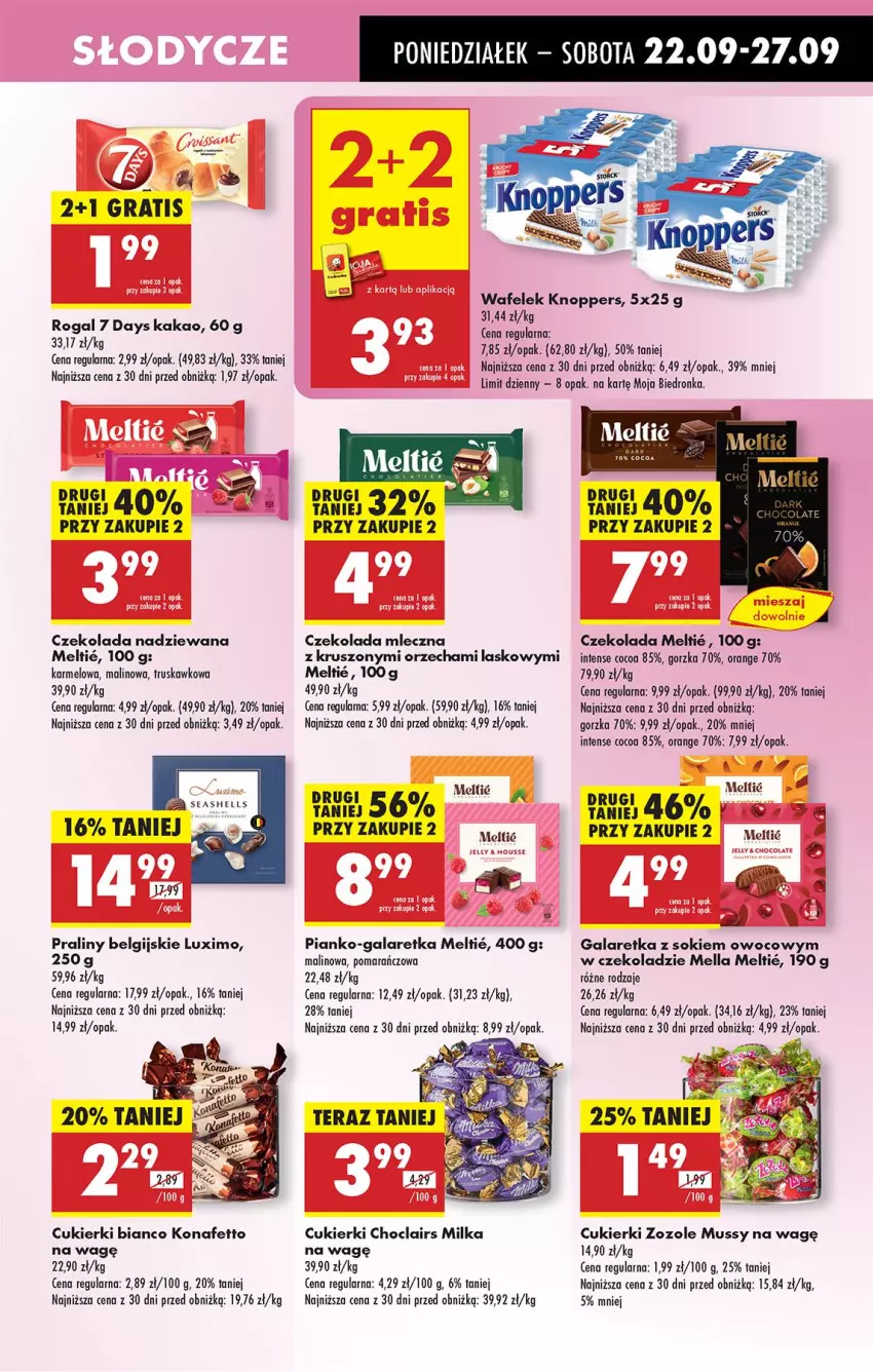 Gazetka promocyjna Biedronka - Od Poniedziałku - ważna 22.09 do 27.09.2025 - strona 43 - produkty: 7 Days, Cukier, Cukierki, Czekolada, Czekolada mleczna, Czekolada nadziewana, Gala, Galaretka, Gra, Kakao, Knoppers, LG, Milka, Mus, Praliny, Rogal, Sok