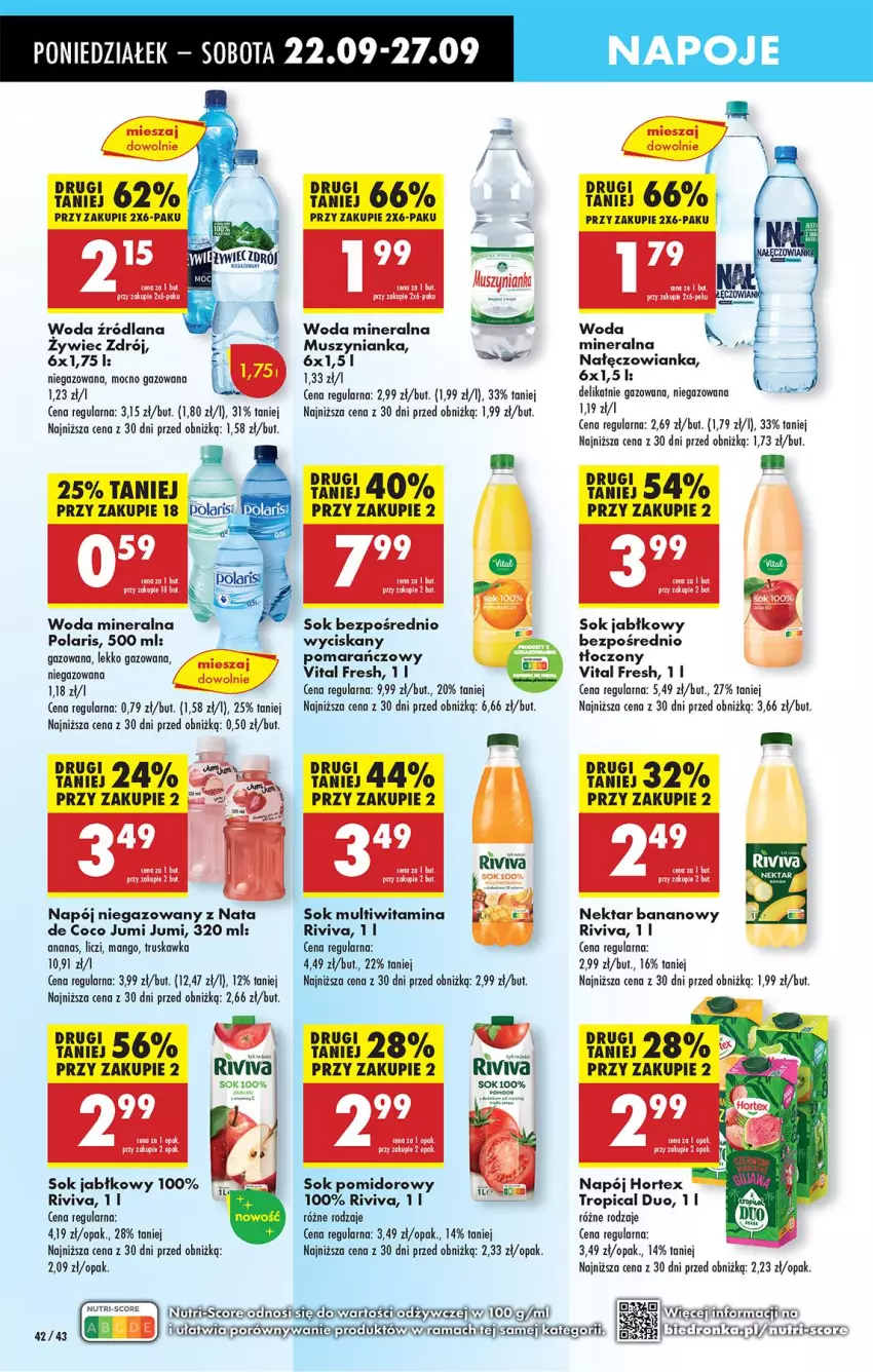 Gazetka promocyjna Biedronka - Od Poniedziałku - ważna 22.09 do 27.09.2025 - strona 46 - produkty: Ananas, Eleo, Fa, Hortex, LANA, Leon, Liczi, Mango, Mus, Muszynianka, Nałęczowianka, Napój, Napój niegazowany, Napoje, Nektar, Nektar bananowy, Sok, Sok jabłkowy, Sok pomidorowy, Tropical, Woda, Woda mineralna