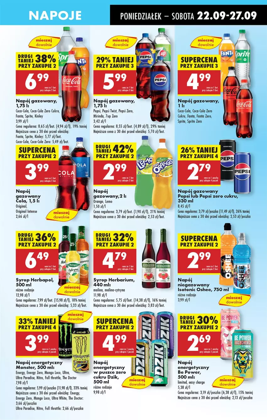 Gazetka promocyjna Biedronka - Od Poniedziałku - ważna 22.09 do 27.09.2025 - strona 47 - produkty: 7up, Coca-Cola, Fa, Fanta, Full Throttle, Gin, Herbapol, Mango, Mirinda, Napój, Napój energetyczny, Napój gazowany, Napój niegazowany, Napoje, Oshee, Pepsi, Sprite, Syrop