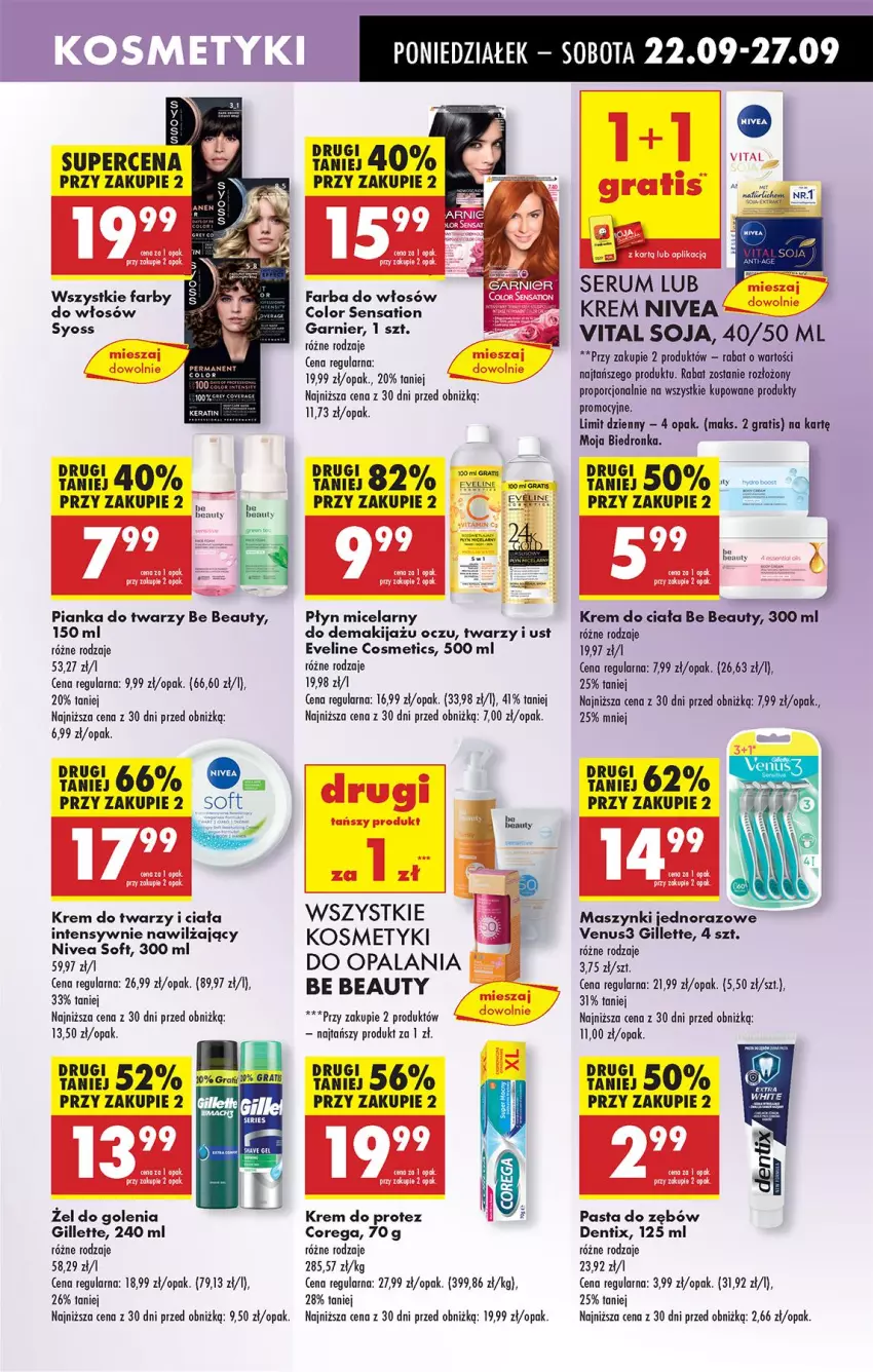Gazetka promocyjna Biedronka - Od Poniedziałku - ważna 22.09 do 27.09.2025 - strona 51 - produkty: Be Be, Corega, Eveline, Fa, Farba do włosów, Garnier, Gillette, Gra, Krem do ciała, Krem do twarzy, Makijaż, Nivea, Nuty, Pasta do zębów, Płyn micelarny, Por, Rum, Sati, Ser, Serum, Syoss, Venus