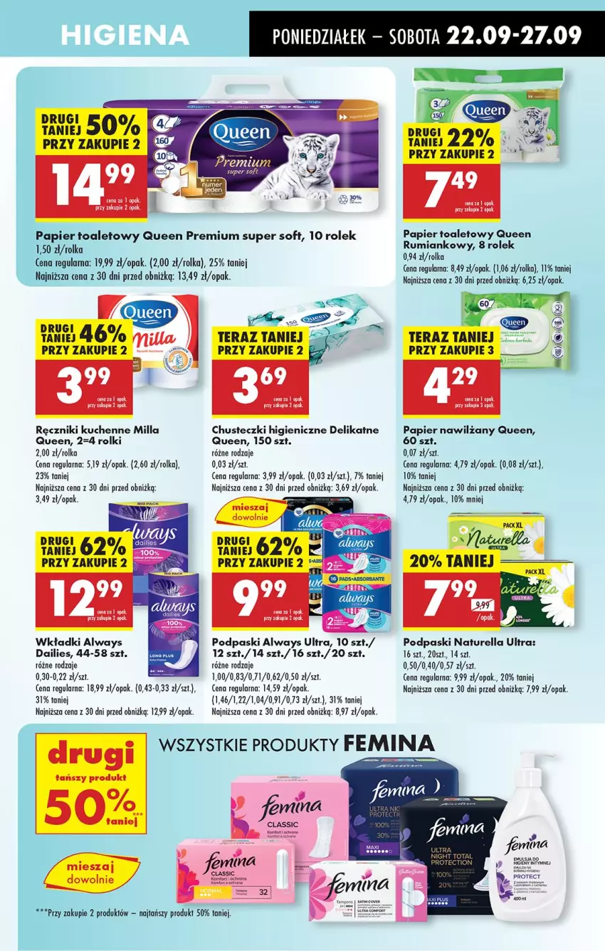 Gazetka promocyjna Biedronka - Od Poniedziałku - ważna 22.09 do 27.09.2025 - strona 53 - produkty: Always, BIC, Chusteczki, Naturell, Naturella, Papier, Papier toaletowy, Podpaski, Ręcznik, Rolki, Rum, Tera, Wkładki