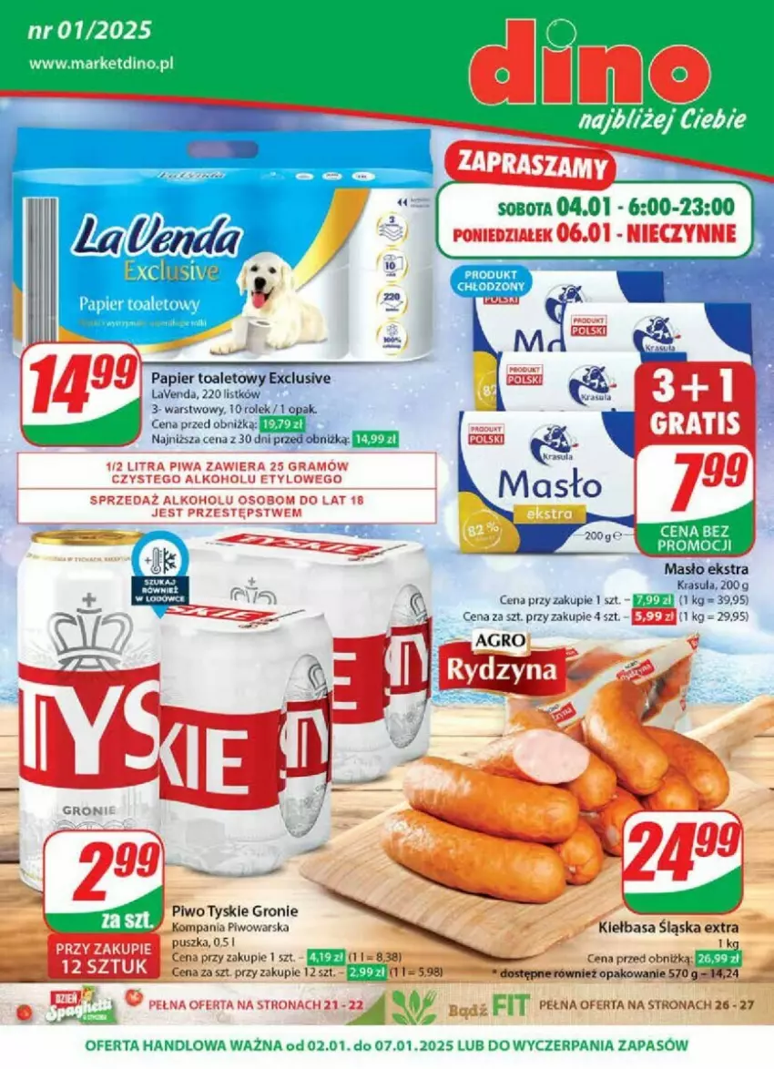 Gazetka promocyjna Dino - ważna 02.01 do 07.01.2025 - strona 1 - produkty: Gra, JBL, Kiełbasa, Kiełbasa śląska, Masło, Papier, Papier toaletowy, Piwa, Piwo, Por, Tyskie