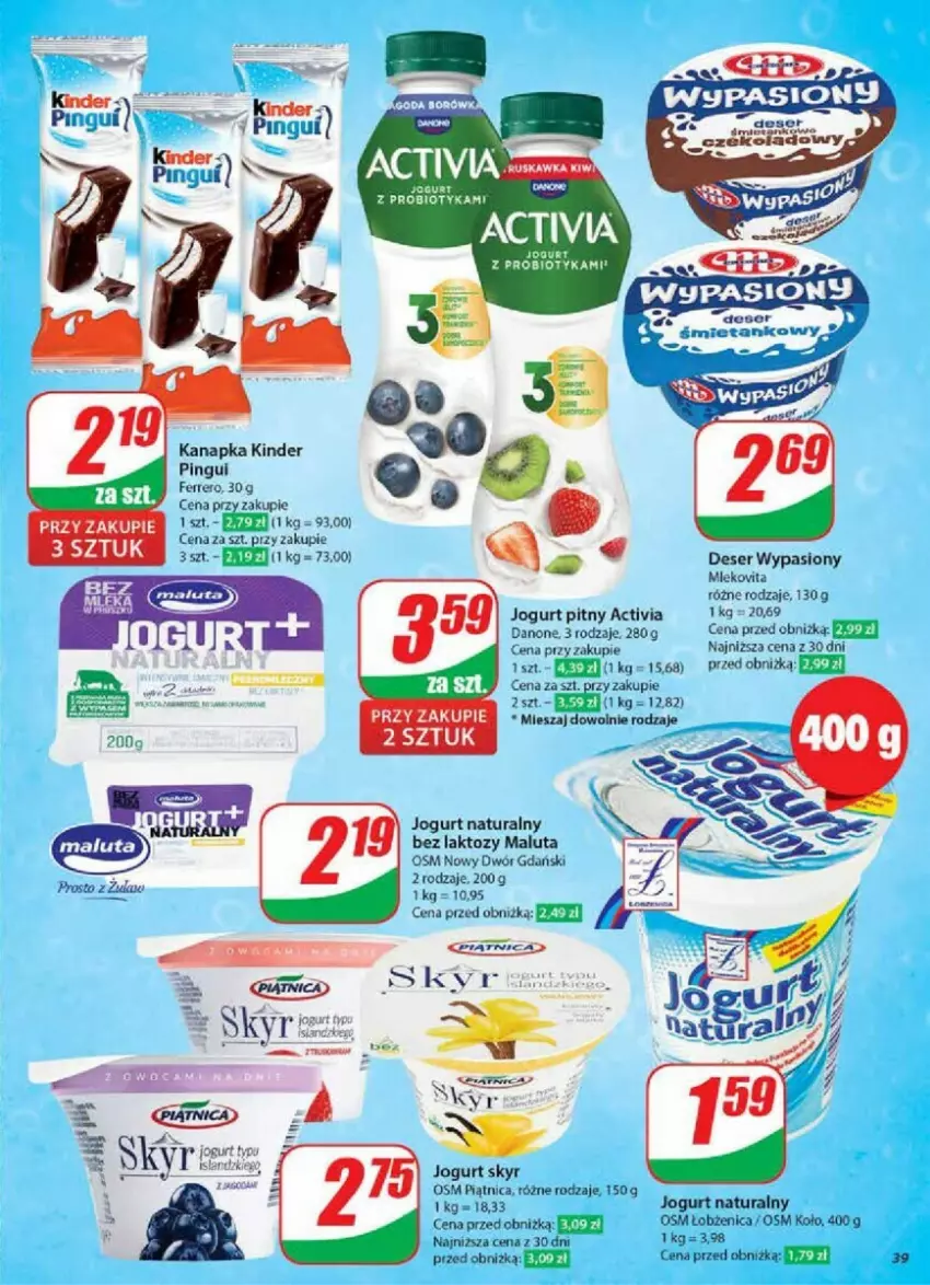 Gazetka promocyjna Dino - ważna 02.01 do 07.01.2025 - strona 33 - produkty: Activia, Danone, Deser, Fa, Ferrero, Jogurt, Jogurt naturalny, Jogurt pitny, Kinder, Mleko, Mlekovita, Piątnica, Ser