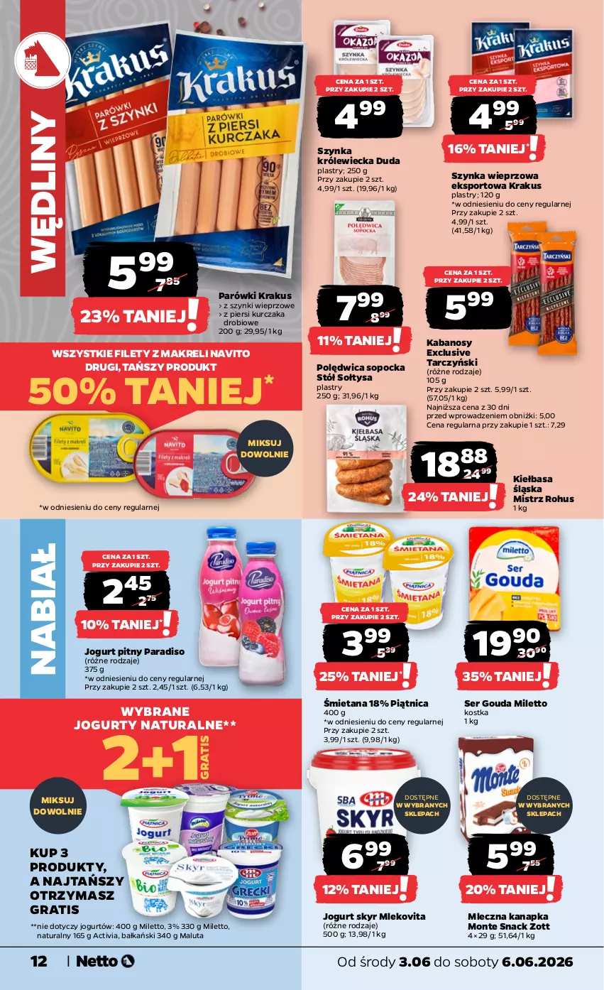 Gazetka promocyjna Netto - Od Środy - ważna 03.06 do 06.06.2026 - strona 12 - produkty: Activia, Duda, Gouda, Gra, Jogurt, Jogurt pitny, Kabanos, Kiełbasa, Kiełbasa śląska, Krakus, Kurczak, Mleczna kanapka, Mleko, Mlekovita, Monte, Parówki, Piątnica, Polędwica, Por, Ser, Sport, Stół, Szynka, Szynka wieprzowa, Tarczyński, Zott