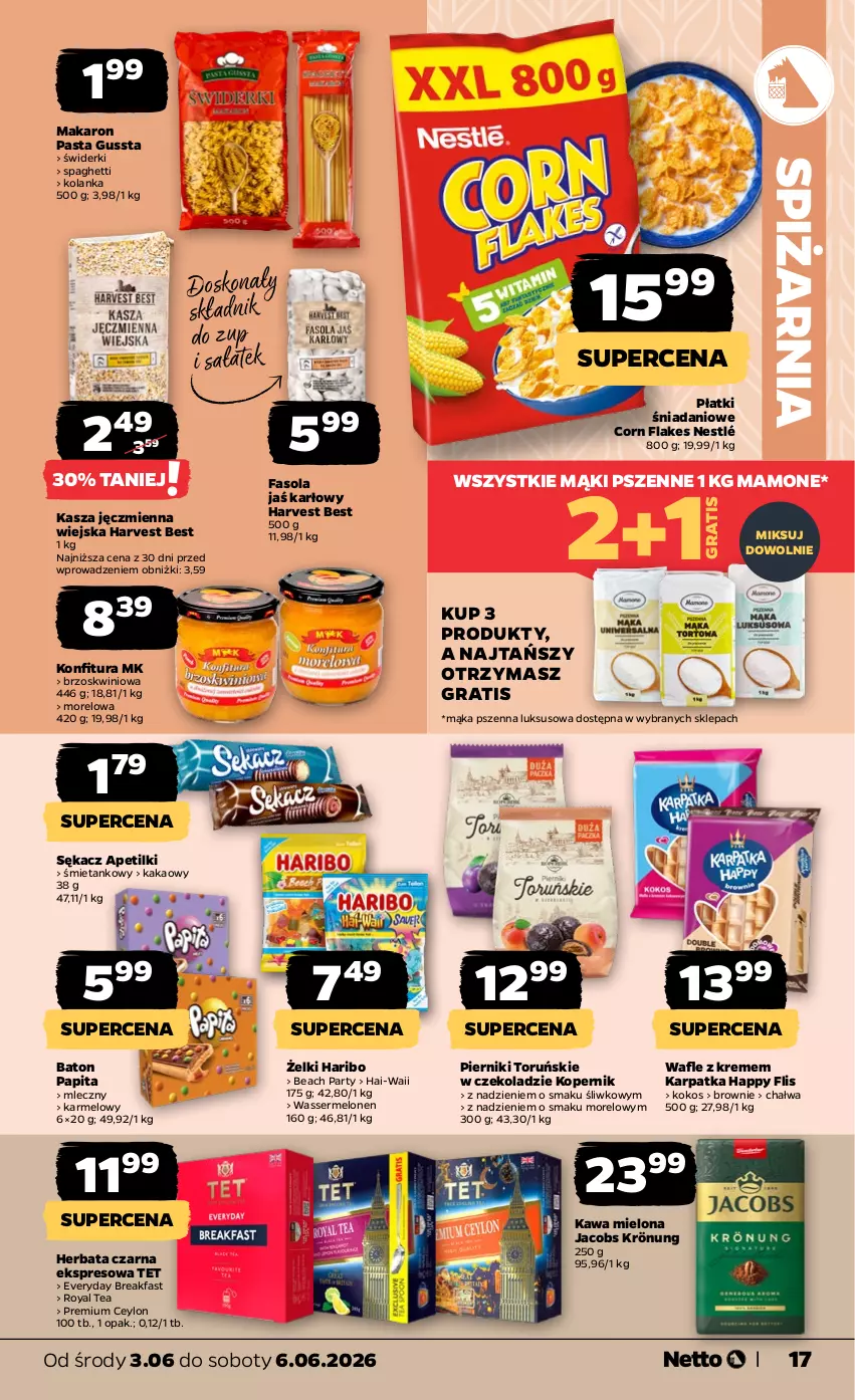 Gazetka promocyjna Netto - Od Środy - ważna 03.06 do 06.06.2026 - strona 17 - produkty: Baton, Brownie, Chałwa, Corn flakes, Danio, Fa, Fasola, Gra, Haribo, Herbata, Herbata czarna, Jacobs, Jacobs Krönung, Kakao, Karp, Kasza, Kasza jęczmienna, Kawa, Kawa mielona, Kokos, Konfitura, Mąka, Mąka pszenna, Makaron, Melon, Nestlé, Piernik, Sałat, Sękacz, Ser, Spaghetti, Wafle