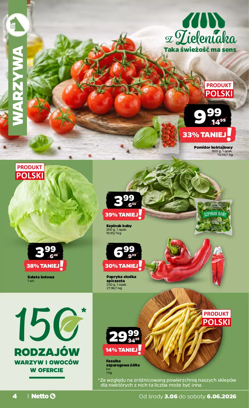 Gazetka promocyjna Netto - Od Środy - ważna 03.06 do 06.06.2026 - strona 4 - produkty: Fa, Papryka, Papryka słodka, Sałat, Sałata lodowa, Szpinak, Warzywa