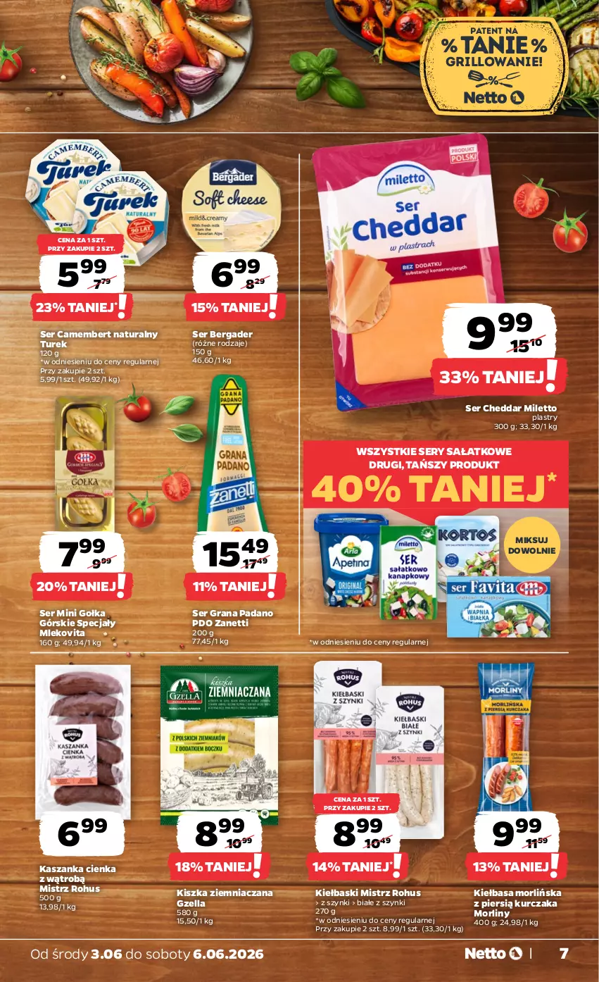 Gazetka promocyjna Netto - Od Środy - ważna 03.06 do 06.06.2026 - strona 7 - produkty: Camembert, Cheddar, Gra, Grill, Kasza, Kaszanka, Kiełbasa, Kurczak, Mleko, Mlekovita, Morliny, Sałat, Ser
