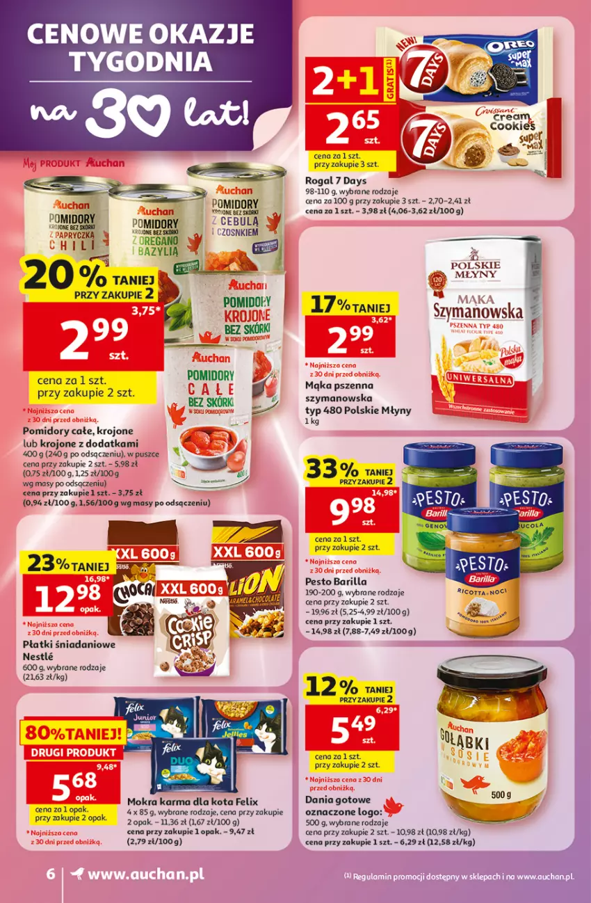 Gazetka promocyjna Auchan - 30 Lat Supermarket - ważna 07.05 do 13.05.2026 - strona 6 - produkty: 7 Days, Barilla, Bazyl, Dania gotowe, Felix, Mąka, Mąka pszenna, Mokra karma, Pesto, Polskie Młyny, Pomidory, Rogal