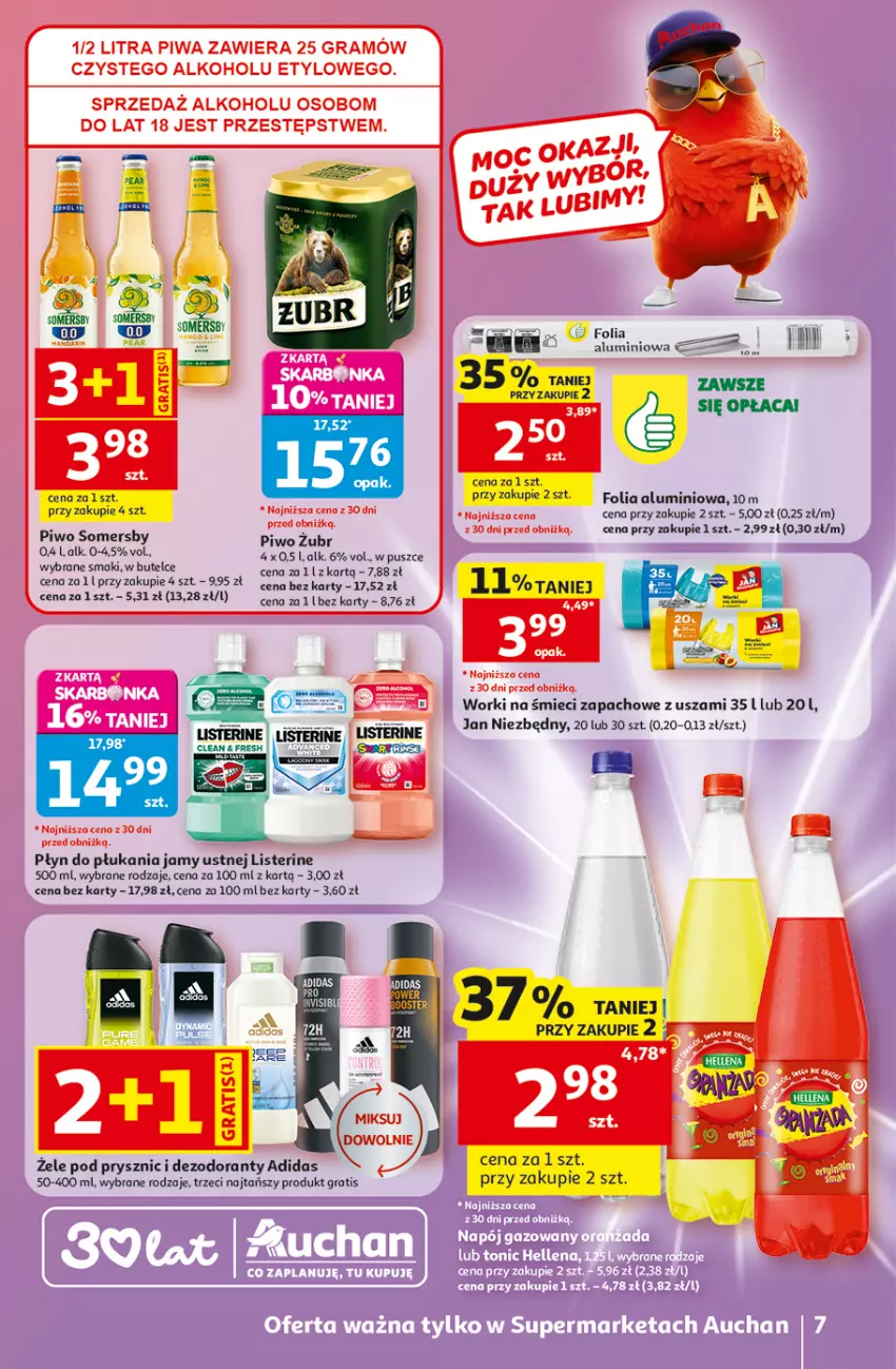 Gazetka promocyjna Auchan - 30 Lat Supermarket - ważna 07.05 do 13.05.2026 - strona 7 - produkty: Adidas, Dezodorant, Fa, Folia aluminiowa, Gra, Jan Niezbędny, Listerine, Mus, Piwo, Płyn do płukania, Płyn do płukania jamy ustnej, Somersby, Worki na śmiec, Worki na śmieci