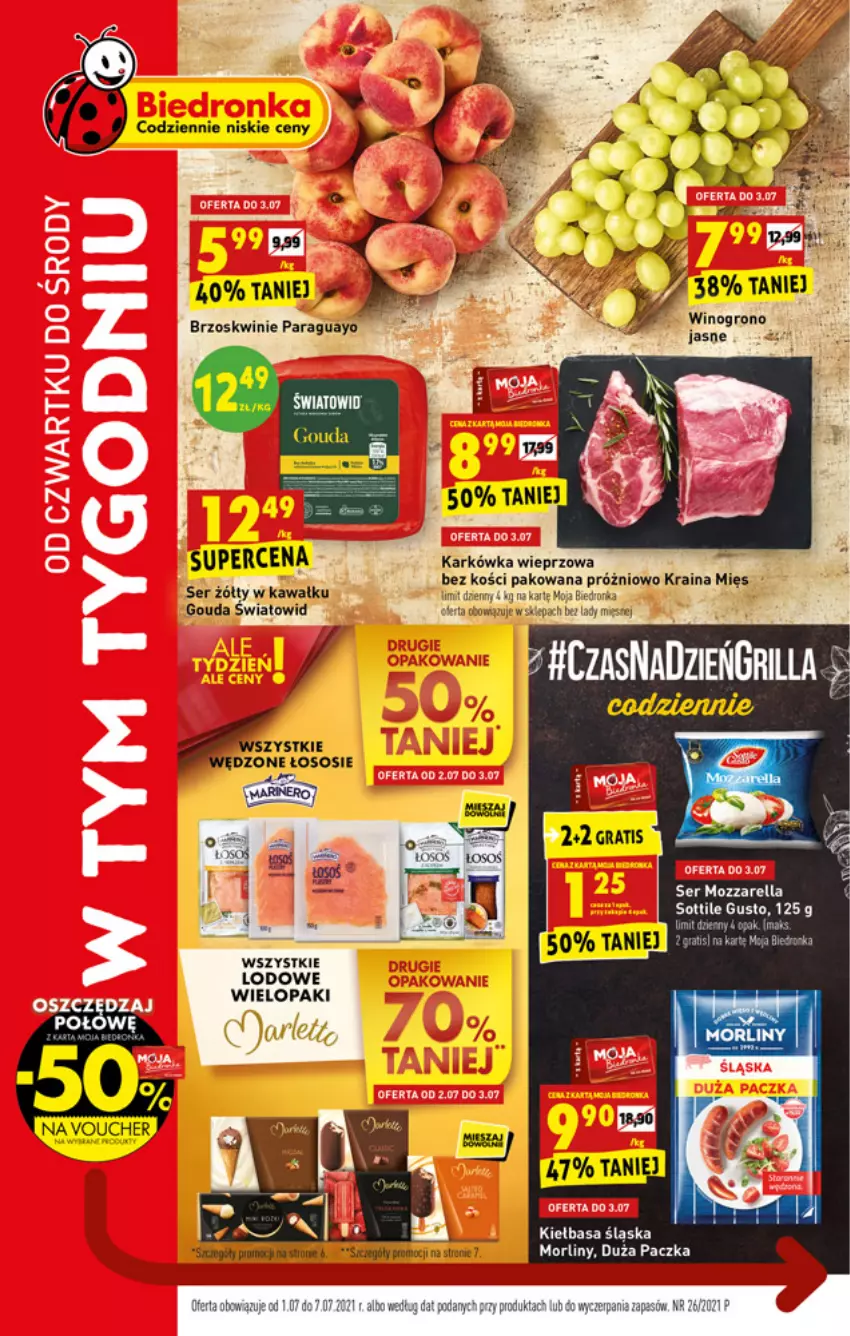 Gazetka promocyjna Biedronka - W tym tygodniu - ważna 01.07 do 07.07.2021 - strona 1 - produkty: Brzoskwinie, Gouda, Kawa, Kiełbasa, Morliny, Mozzarella, Ser, Sos, Wino