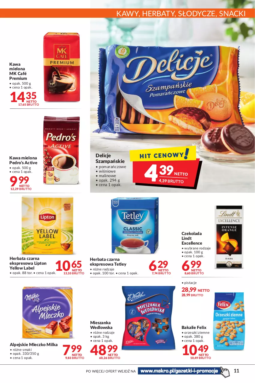 Gazetka promocyjna Makro - [Oferta promocyjna] Artykuły spożywcze i przemysłowe - ważna 08.03 do 21.03.2022 - strona 11 - produkty: Czekolada, Delicje, Felix, Herbata, Herbata czarna, Kawa, Kawa mielona, Lindt, Lipton, Mieszanka wedlowska, Milka, Mleczko, Orzeszki, Orzeszki ziemne, Pistacje, Tetley