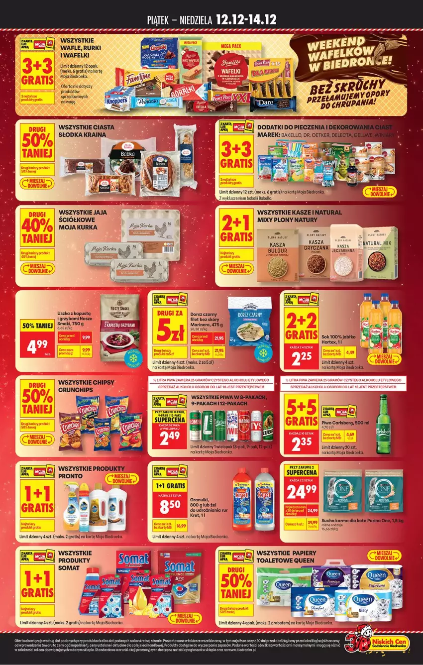 Gazetka promocyjna Biedronka - Tani Weekend - ważna 12.12 do 13.12.2025 - strona 2 - produkty: Bulgur, Carlsberg, Chipsy, Dorsz, Dr. Oetker, Fa, Gra, Jaja, Kapustą, Kasza, Kret, LG, Piwa, Piwo, Pronto, Pur, Purina, Rurki, SEKO, Somat, Sucha karma, Wafle