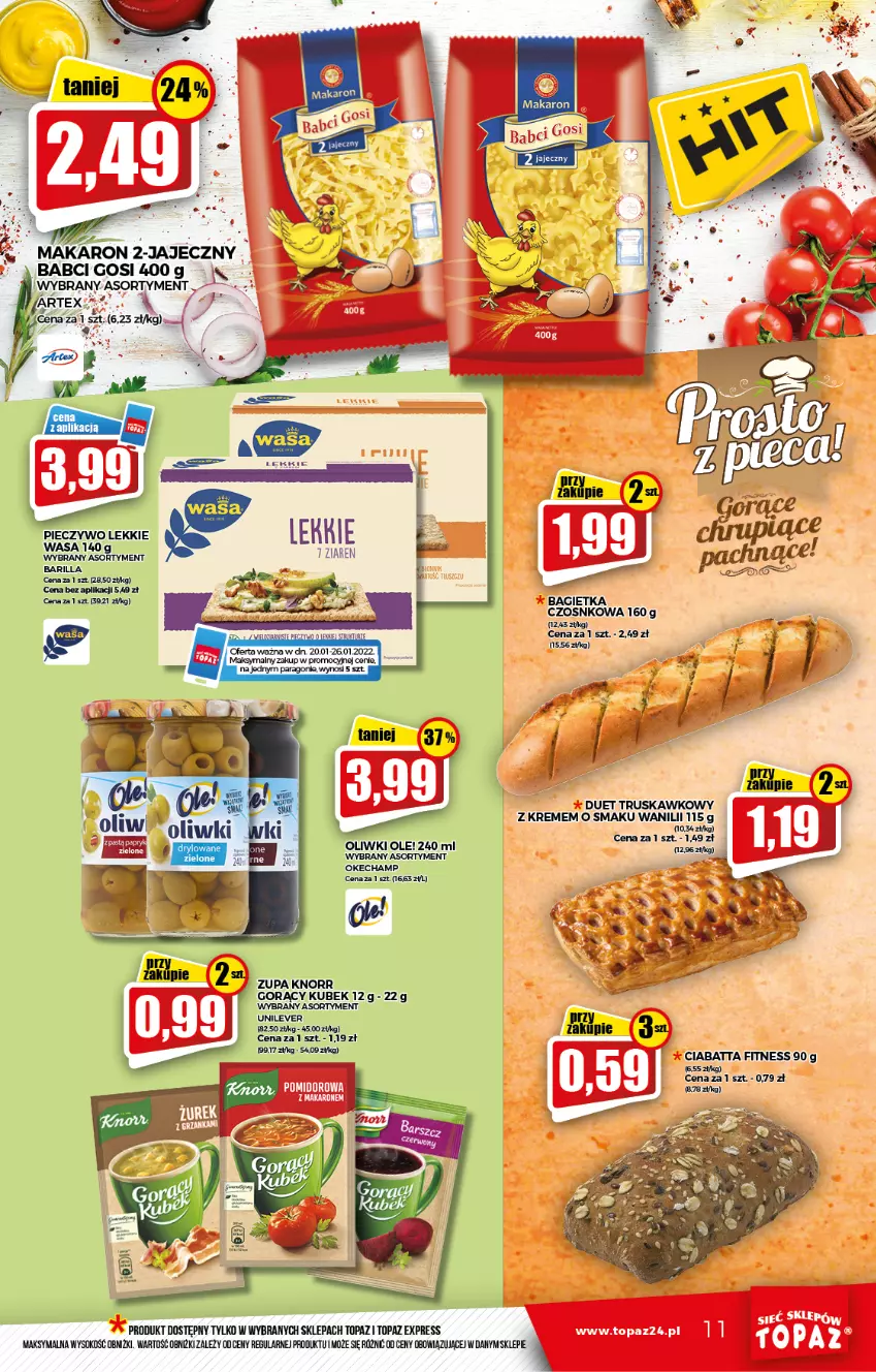 Gazetka promocyjna Topaz - Gazetka - ważna 20.01 do 26.01.2022 - strona 11 - produkty: AEG, Bagietka, Bagietka czosnkowa, Ciabatta, Knorr, Kubek, Makaron, Ole!, Oliwki, Sok, Top, Zupa