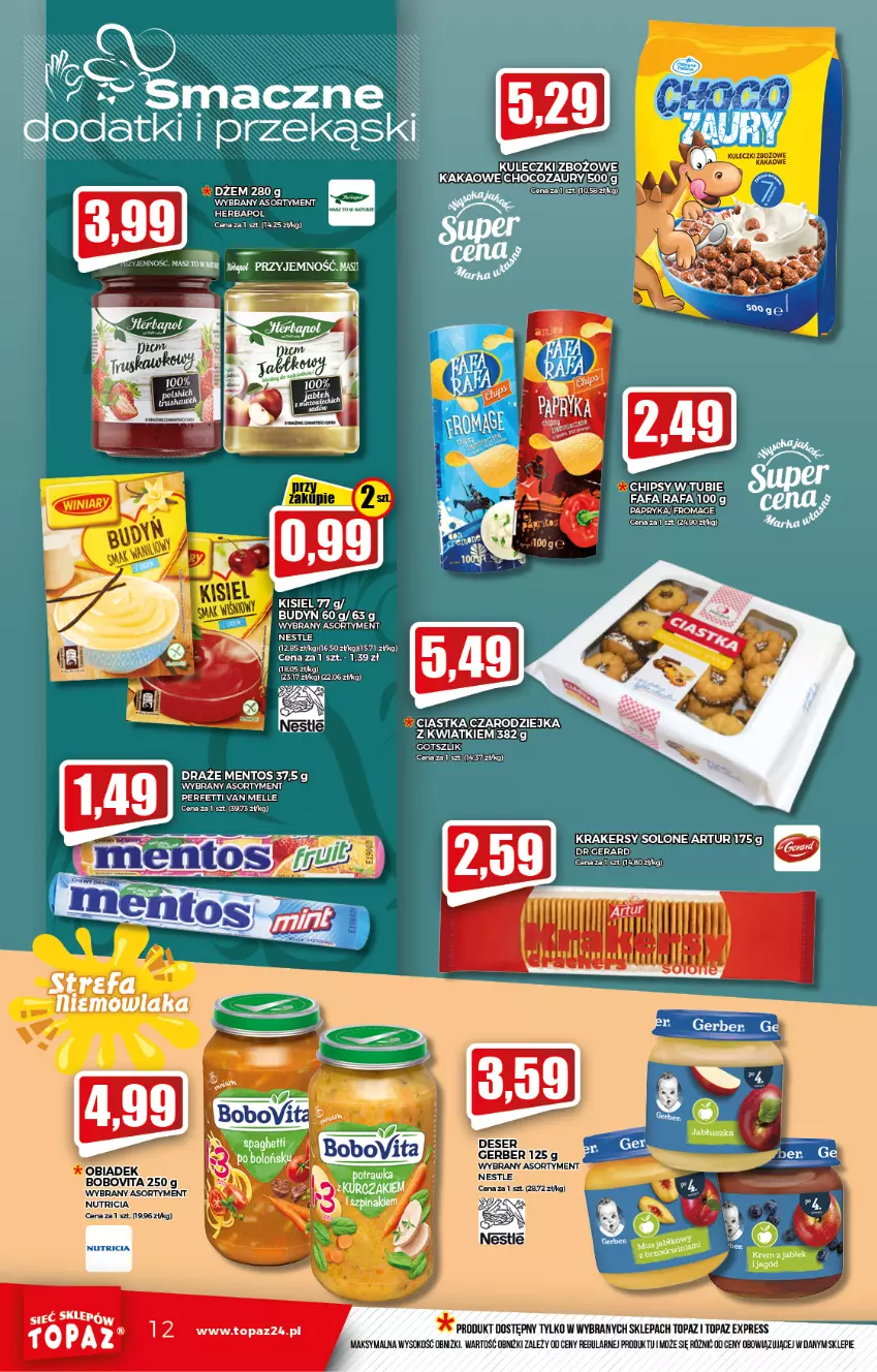 Gazetka promocyjna Topaz - Gazetka - ważna 20.01 do 26.01.2022 - strona 12 - produkty: Artur, BoboVita, Chipsy, Deser, Fa, Gerber, Krakersy, Mentos, Ser, Sok, Top