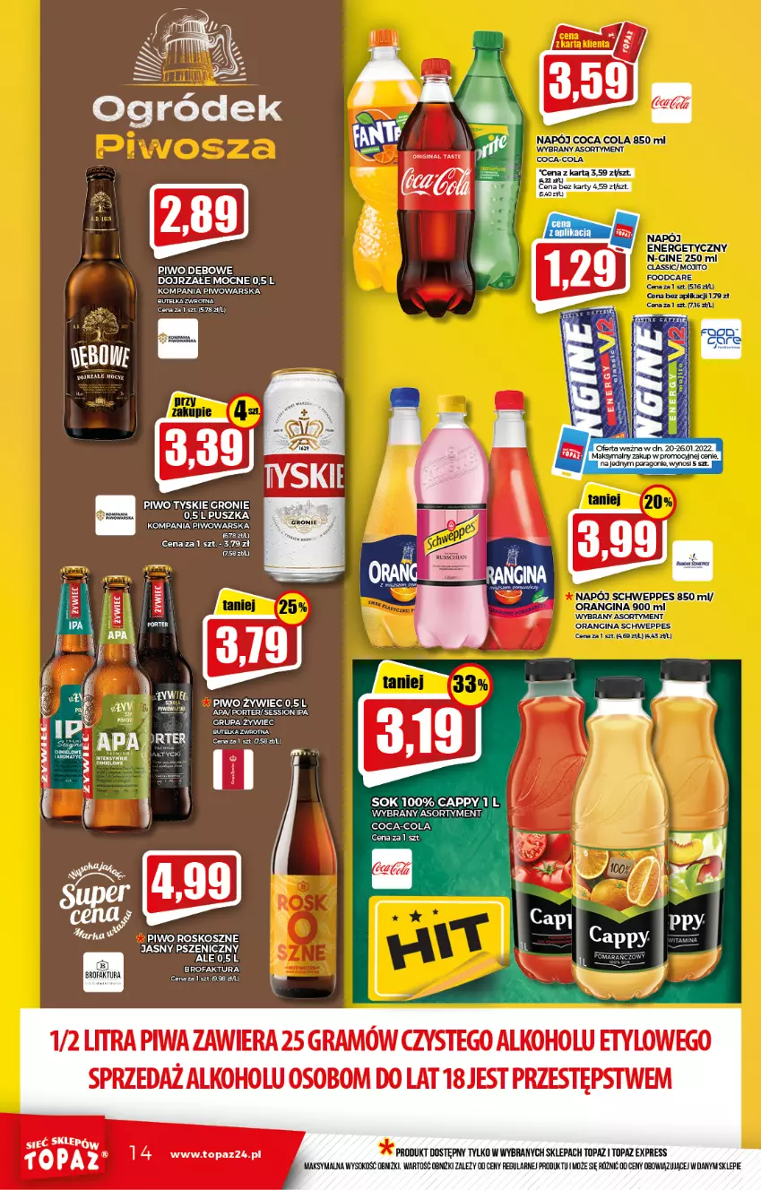 Gazetka promocyjna Topaz - Gazetka - ważna 20.01 do 26.01.2022 - strona 14 - produkty: Acer, Cappy, Coca-Cola, Fa, Gin, Gra, Kosz, Napój, Piwa, Piwo, Schweppes, Sok, Top, Tyskie