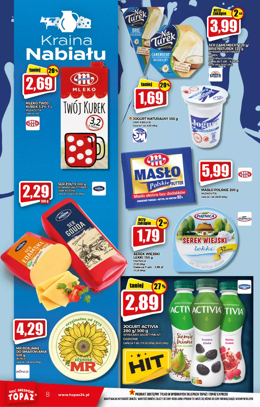 Gazetka promocyjna Topaz - Gazetka - ważna 20.01 do 26.01.2022 - strona 8 - produkty: Activia, Danone, Gra, Granat, Jogurt, Jogurt naturalny, Kubek, Masło, Mleko, Mlekovita, Piątnica, Ser, Serek, Serek wiejski, Sok, Top, Vita C