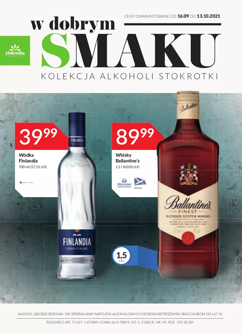 Gazetka promocyjna Stokrotka - Oferta alkoholowa - ważna 16.09 do 13.10.2021 - strona 1 - produkty: Finlandia, Koc, Whisky, Wódka