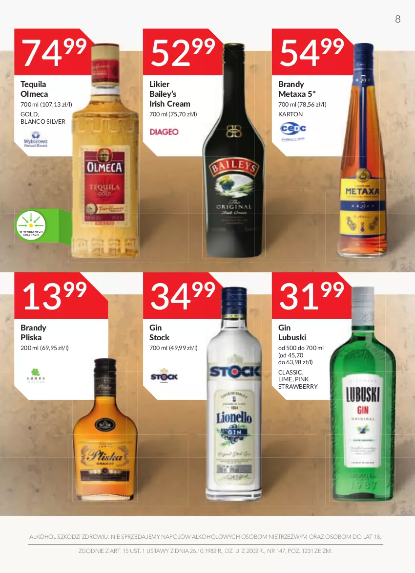 Gazetka promocyjna Stokrotka - Oferta alkoholowa - ważna 16.09 do 13.10.2021 - strona 8 - produkty: Brandy, Gin, Likier, Metaxa, Pliska, Stock, Tequila