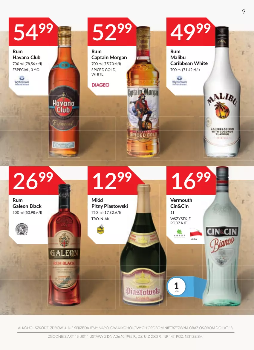 Gazetka promocyjna Stokrotka - Oferta alkoholowa - ważna 16.09 do 13.10.2021 - strona 9 - produkty: Captain Morgan, Lack, Leon, Malibu, Miód, Miód pitny, Piast, Rum, Vermouth