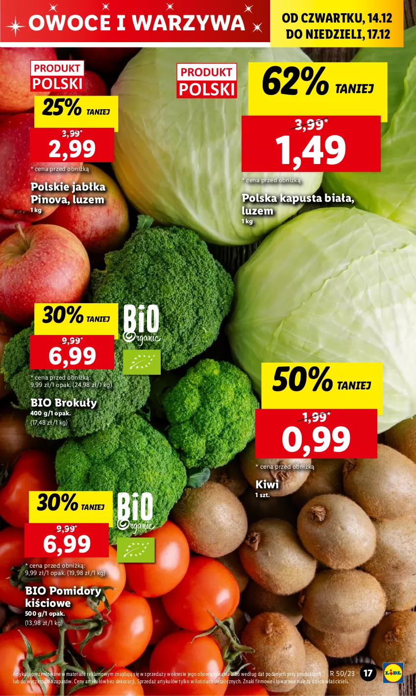 Gazetka promocyjna Lidl - GAZETKA - ważna 14.12 do 17.12.2023 - strona 19 - produkty: Brokuły, Jabłka, Kiwi, Owoce, Pomidory, Warzywa