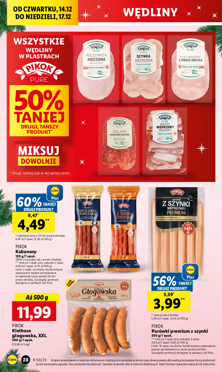 Gazetka promocyjna Lidl - GAZETKA - ważna 14.12 do 17.12.2023 - strona 30 - produkty: Cheddar, Kabanos, Kiełbasa, Kiełbasa głogowska, Kurczak, Olej, Parówki, PIKOK, Ser