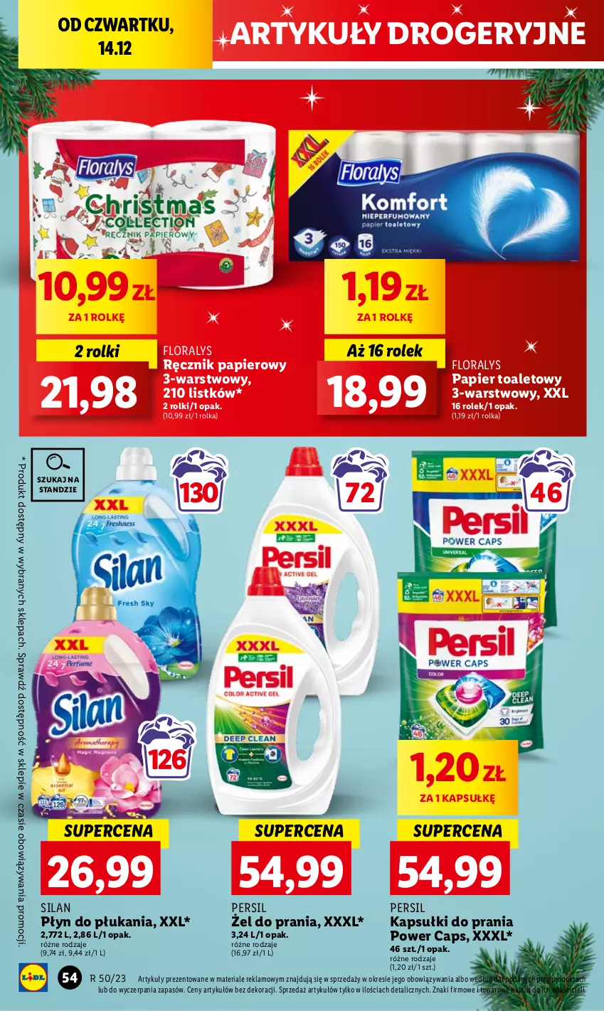 Gazetka promocyjna Lidl - GAZETKA - ważna 14.12 do 17.12.2023 - strona 62 - produkty: Flora, Kapsułki do prania, Papier, Papier toaletowy, Persil, Płyn do płukania, Ręcznik, Rolki, Silan