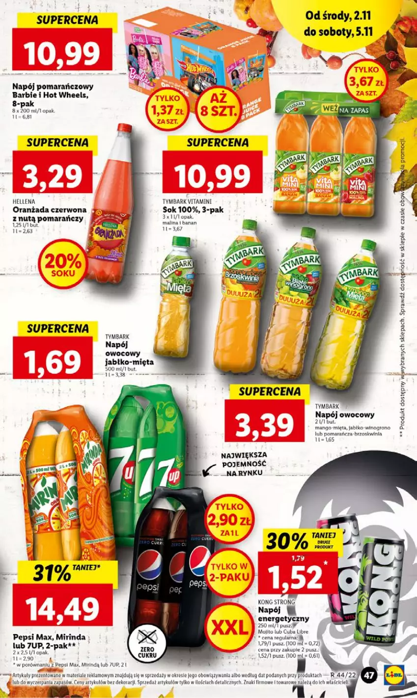 Gazetka promocyjna Lidl - GAZETKA - ważna 02.11 do 05.11.2022 - strona 49 - produkty: 7up, Barbie, Hellena, Hot Wheels, Mango, Mięta, Mirinda, Napój, Oranżada, Pepsi, Pepsi max, Por, Sok, Tymbark, Wino