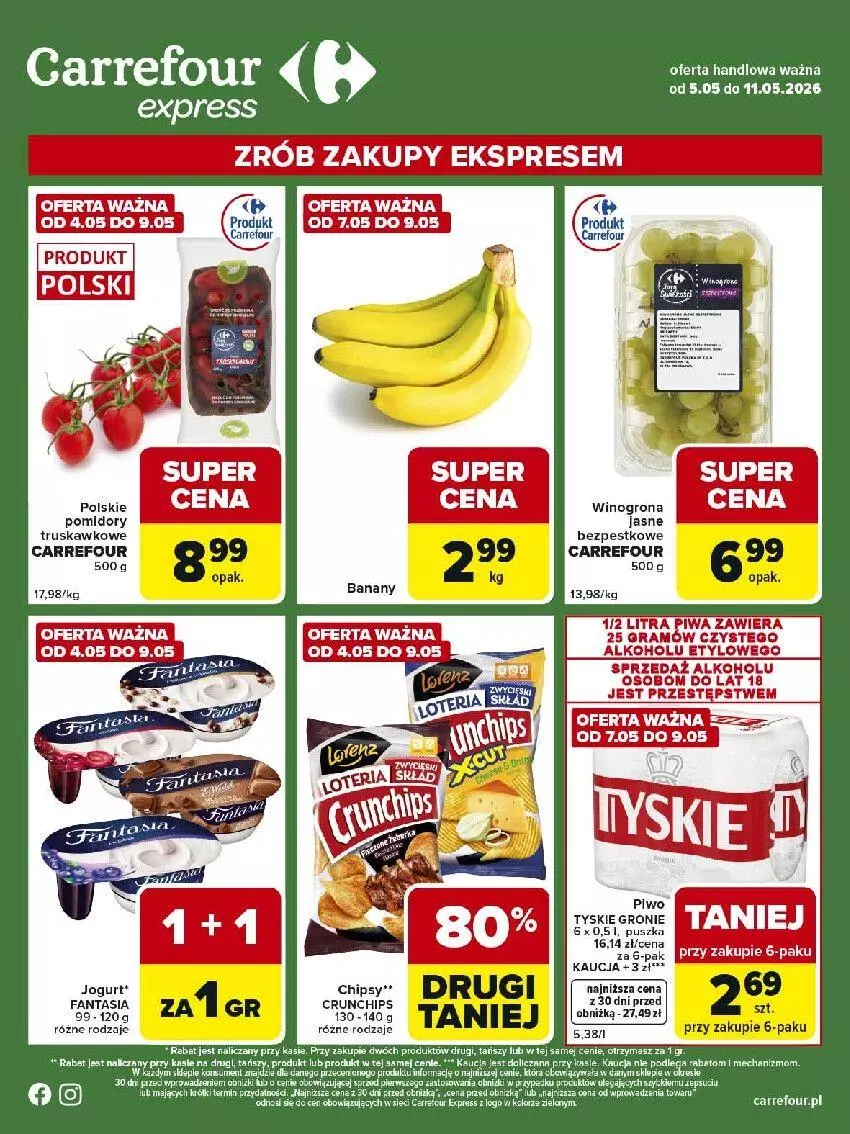 Gazetka promocyjna Carrefour - Gazetka Express - ważna 05.05 do 11.05.2026 - strona 1 - produkty: Chipsy, Fa, Gra, Piwa, Pomidory, Rama, Tyskie, Wino, Winogrona