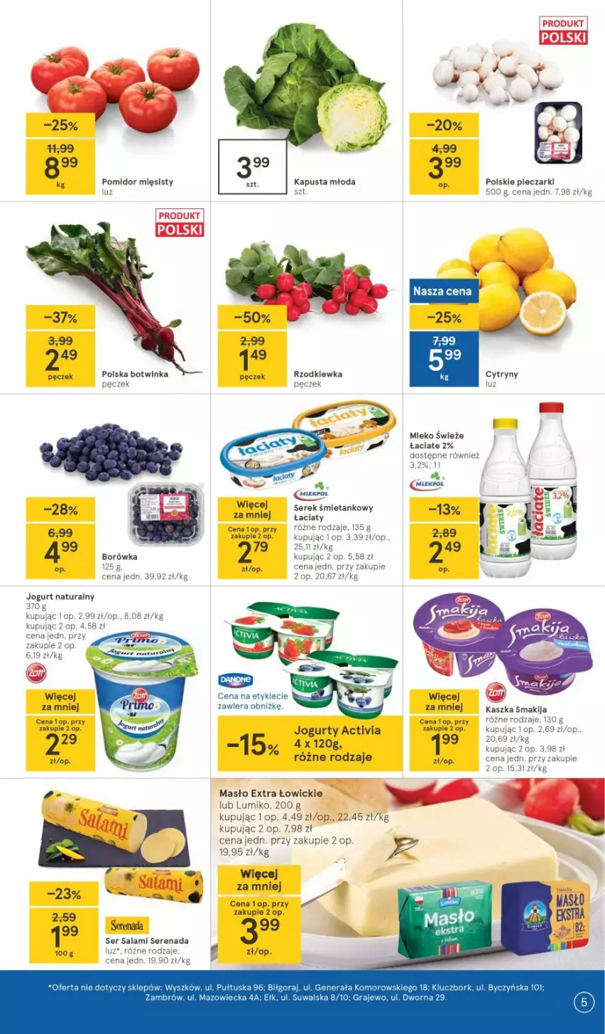 Gazetka promocyjna Tesco - Tesco gazetka - przyszły tydzień - ważna 22.04 do 28.04.2021 - strona 5 - produkty: Activia, Borówka, Jogurt, Jogurt naturalny, Masło, Mleko, Piec, Rzodkiewka, Salami, Ser, Ser salami, Serek, Smakija