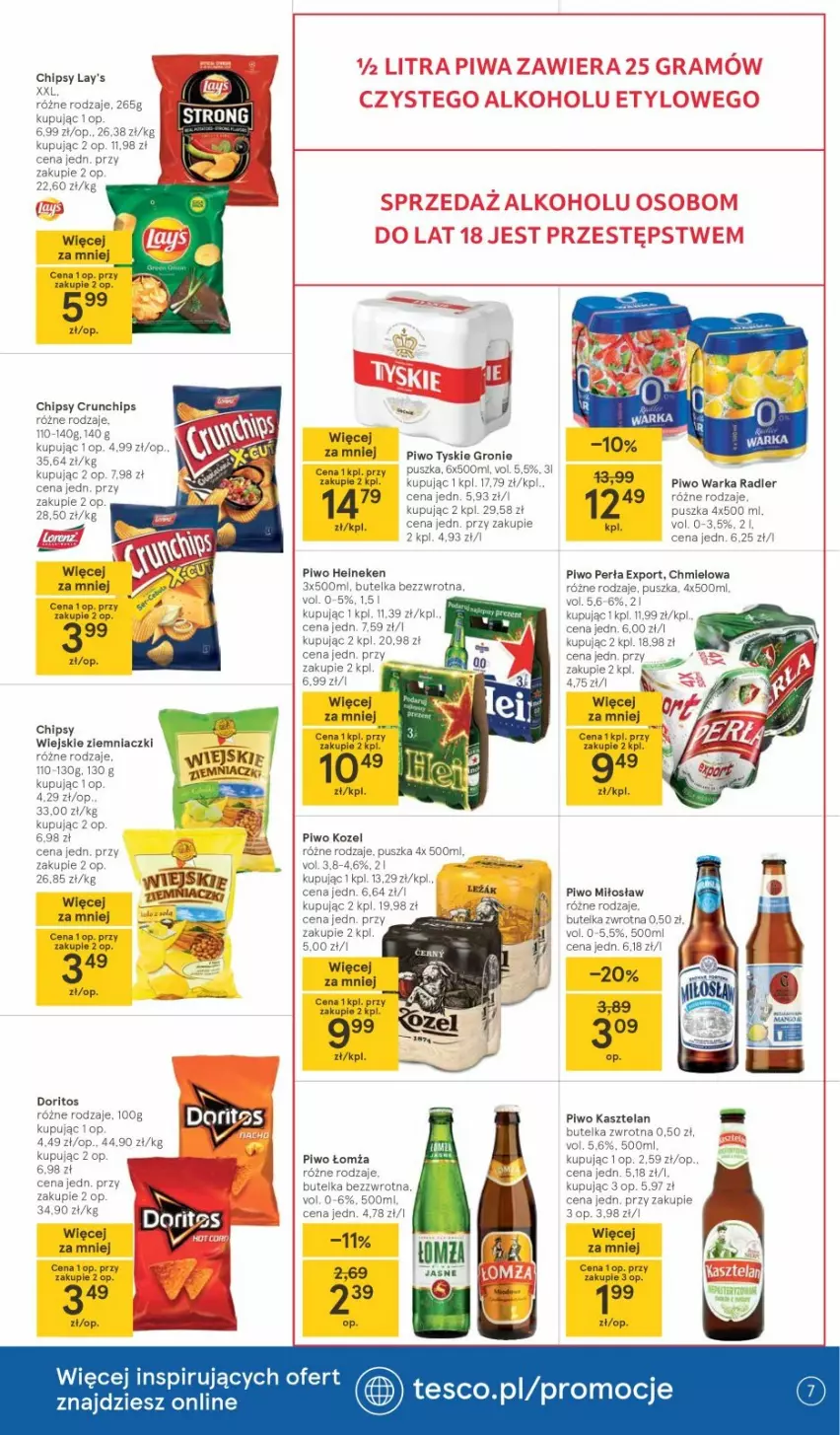 Gazetka promocyjna Tesco - Tesco gazetka - przyszły tydzień - ważna 22.04 do 28.04.2021 - strona 7 - produkty: Chipsy, Crunchips, Heineken, Kasztelan, Perła, Piwo, Por, Tyskie