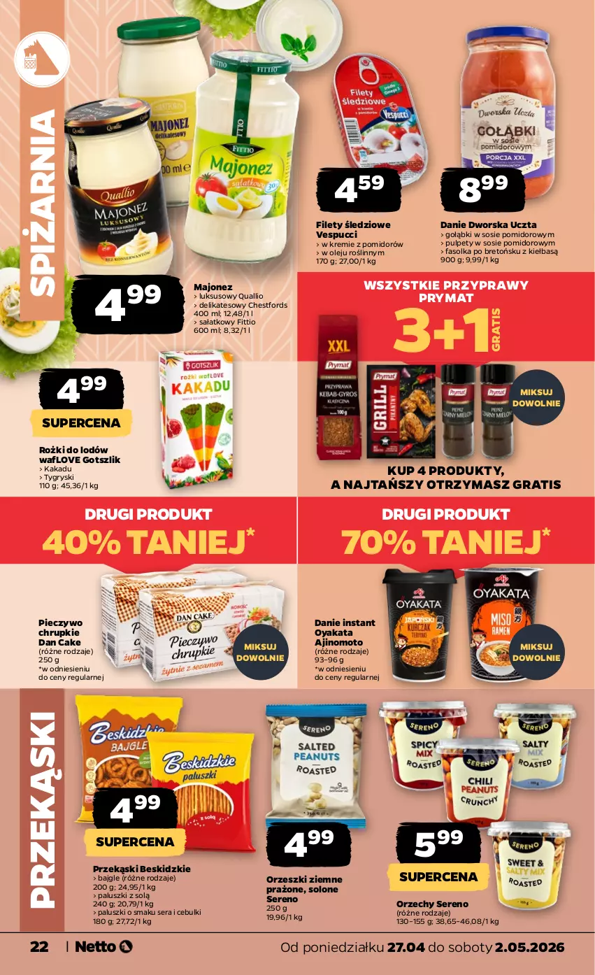 Gazetka promocyjna Netto - Od Poniedziałku - ważna 27.04 do 02.05.2026 - strona 22 - produkty: Bajgle, Beskidzki, Chrupki, Dan Cake, Fa, Gra, Gry, Majonez, Olej, Orzeszki, Orzeszki ziemne, Piec, Pieczywo, Pieczywo chrupkie, Prymat, Przyprawy, Pulpety, Sałat, Ser, Sos