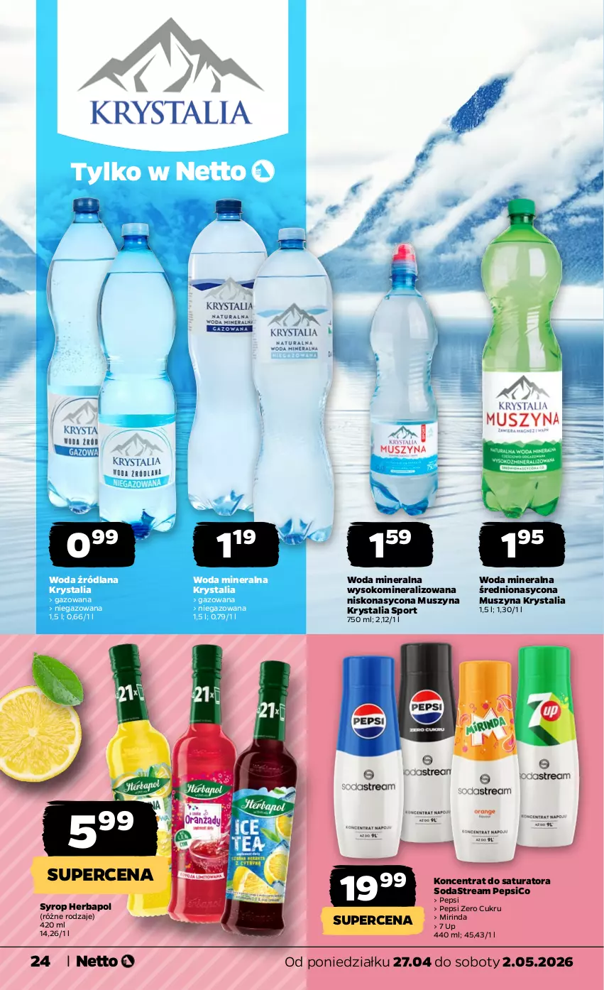 Gazetka promocyjna Netto - Od Poniedziałku - ważna 27.04 do 02.05.2026 - strona 24 - produkty: Herbapol, LANA, Mirinda, Mus, Pepsi, Por, Sok, Sport, Syrop, Szyna, Woda, Woda mineralna