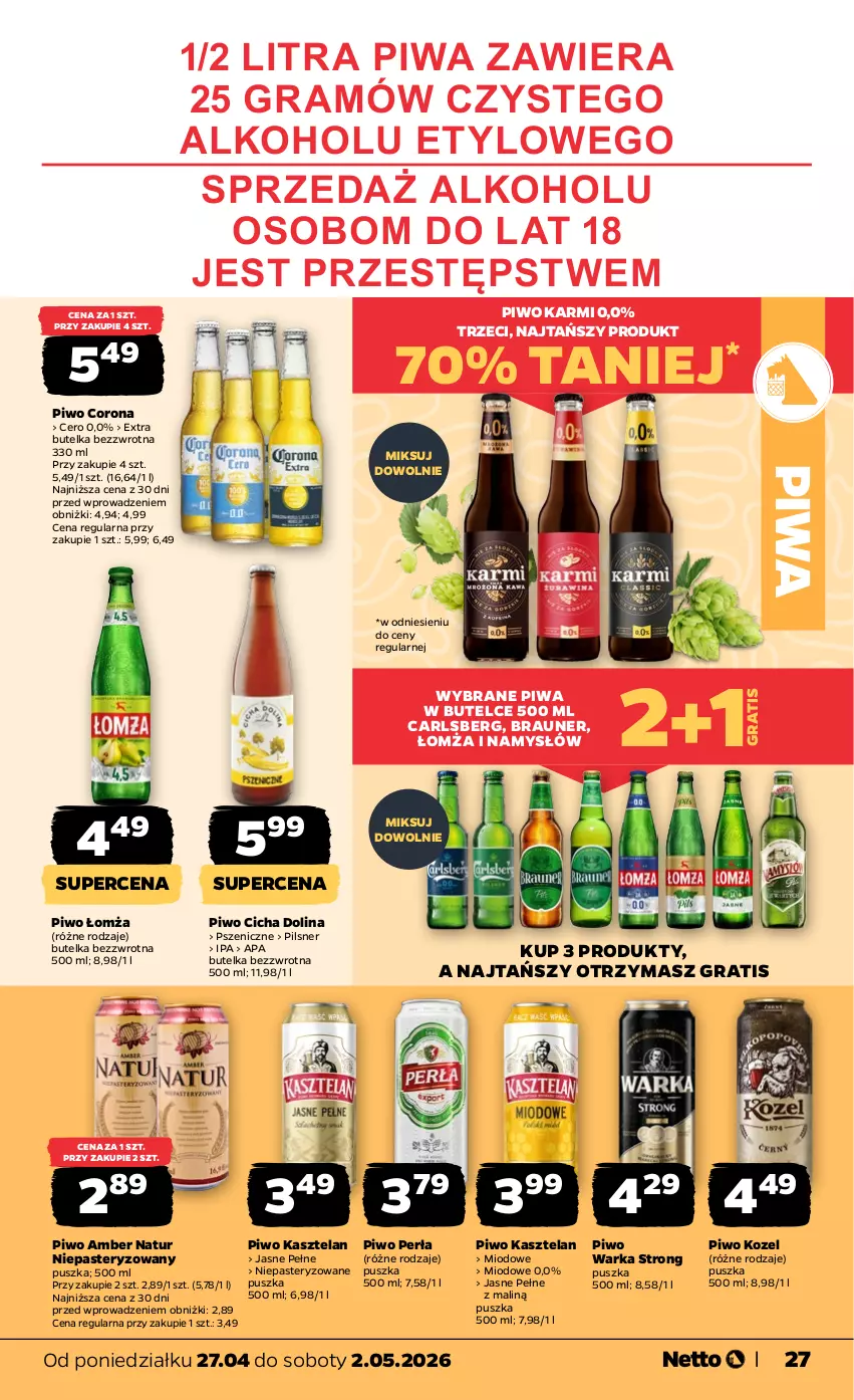 Gazetka promocyjna Netto - Od Poniedziałku - ważna 27.04 do 02.05.2026 - strona 27 - produkty: Braun, Carlsberg, Gra, Karmi, Kasztelan, Kozel, Namysłów, Perła, Piwa, Piwo, Warka