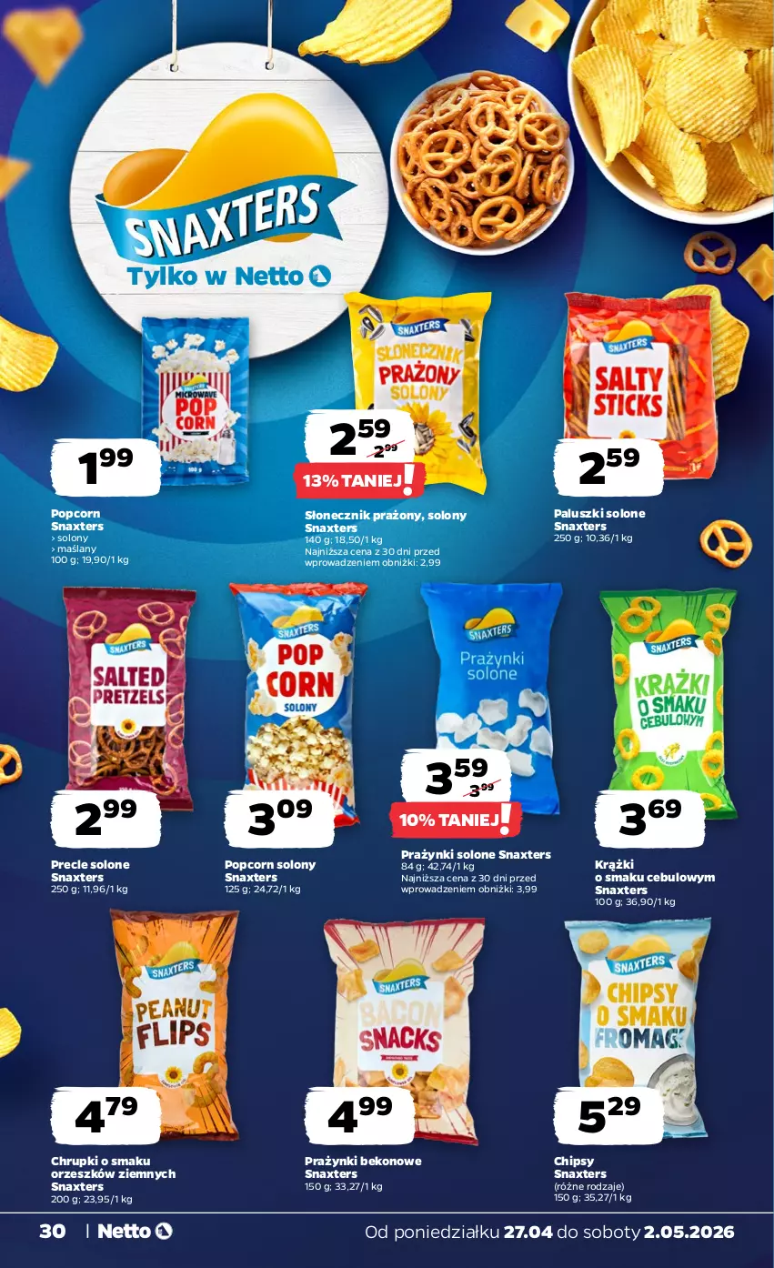 Gazetka promocyjna Netto - Od Poniedziałku - ważna 27.04 do 02.05.2026 - strona 30 - produkty: Beko, Chipsy, Chrupki, Popcorn, Precle, Słonecznik prażony