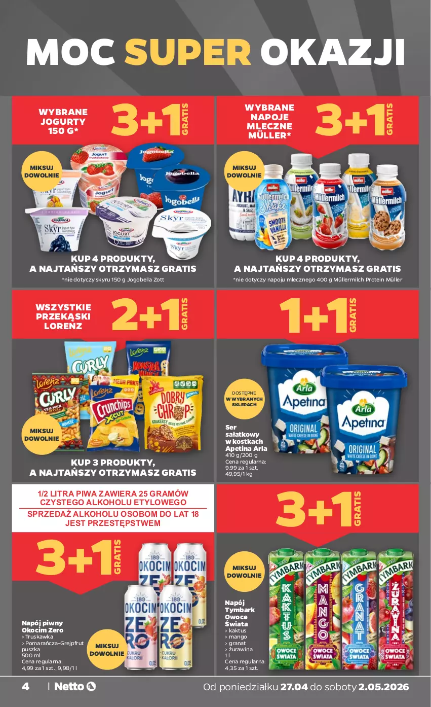 Gazetka promocyjna Netto - Od Poniedziałku - ważna 27.04 do 02.05.2026 - strona 4 - produkty: Bell, Bella, Gra, Granat, Grejpfrut, Jogobella, Jogurt, Kaktus, Koc, Lorenz, Mango, Müller, Müllermilch, Napój, Napoje, Okocim, Owoce, Piwa, Sałat, Ser, Tymbark, Zott