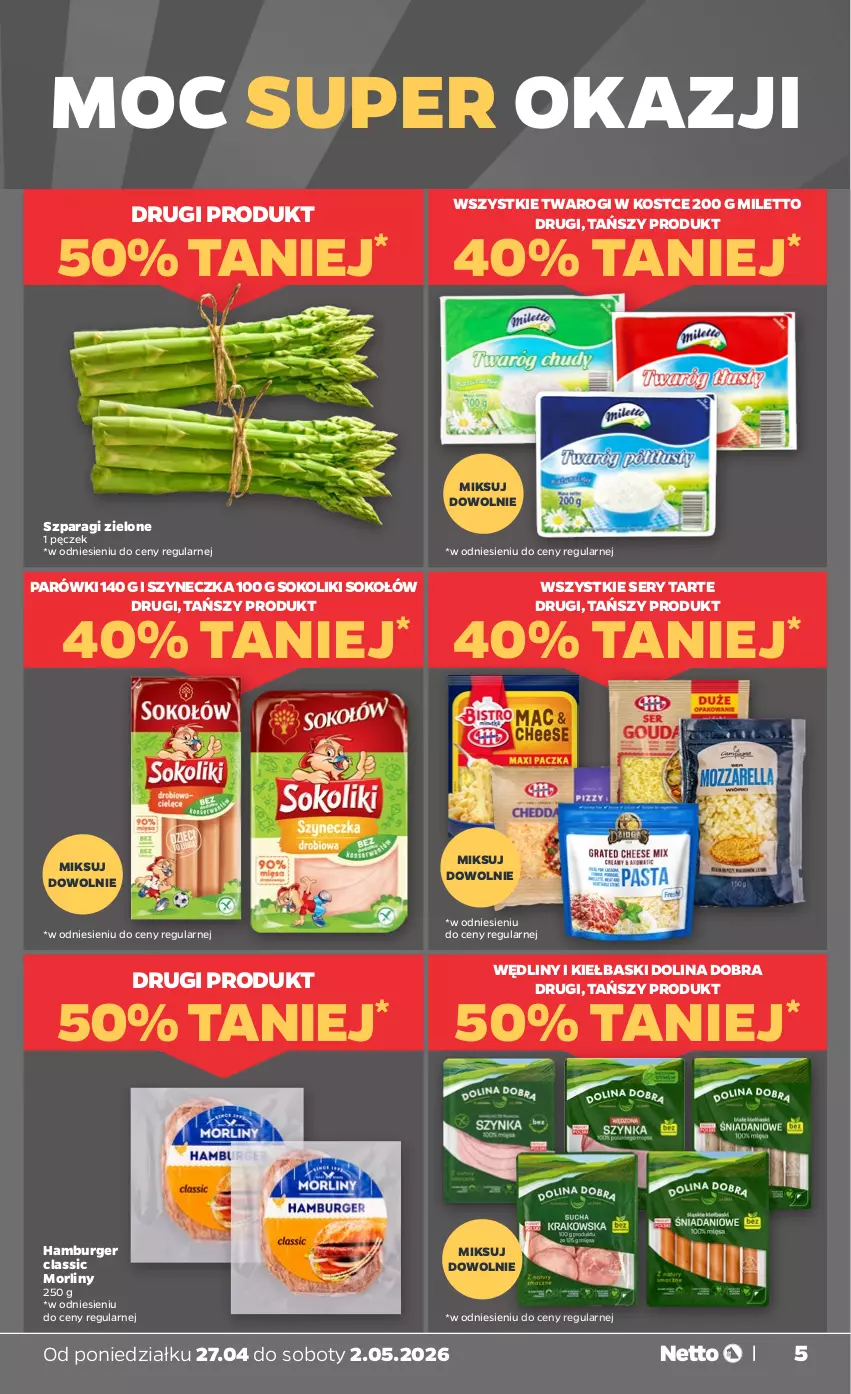 Gazetka promocyjna Netto - Od Poniedziałku - ważna 27.04 do 02.05.2026 - strona 5 - produkty: Burger, Hamburger, Morliny, Parówki, Ser, Sok, Sokołów