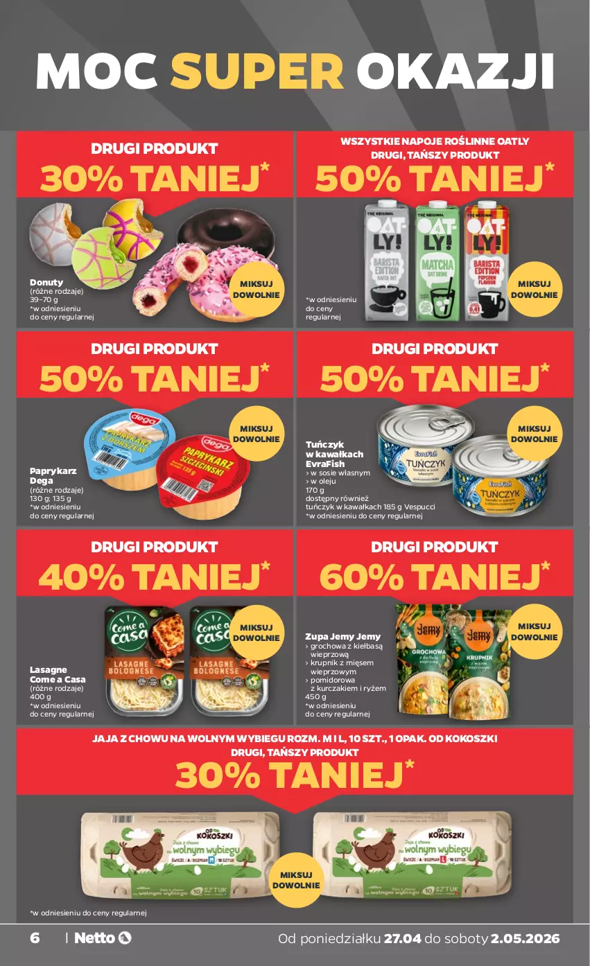 Gazetka promocyjna Netto - Od Poniedziałku - ważna 27.04 do 02.05.2026 - strona 6 - produkty: Dega, Donut, Groch, Jaja, Kawa, Kokos, Kosz, Krupnik, Kurczak, Lasagne, Napoje, Nuty, Olej, Papryka, Paprykarz, Ryż, Sos, Tuńczyk, Zupa