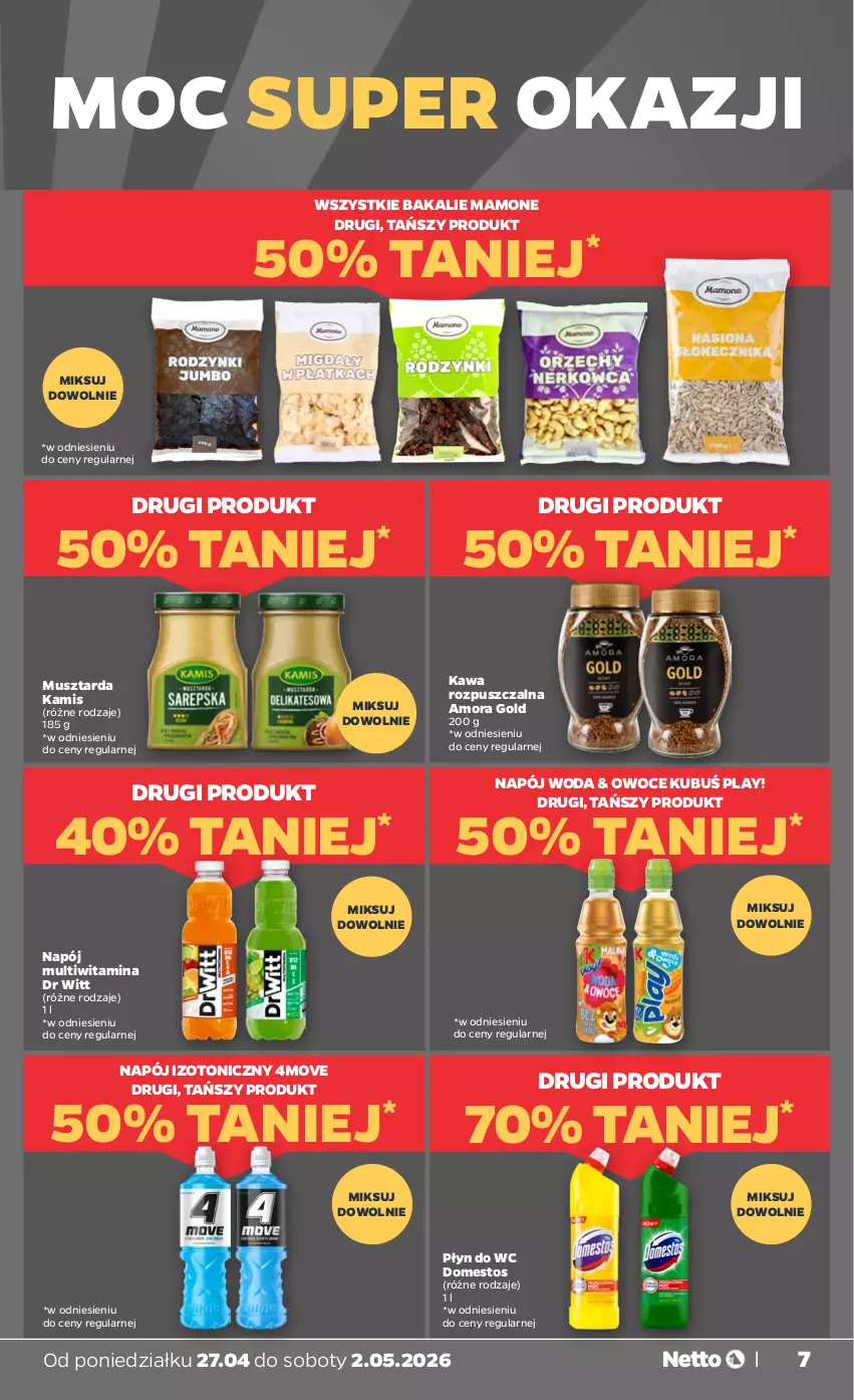 Gazetka promocyjna Netto - Od Poniedziałku - ważna 27.04 do 02.05.2026 - strona 7 - produkty: Domestos, Kamis, Kawa, Kawa rozpuszczalna, Kubuś, Mus, Musztarda, Napój, Napój izotoniczny, Owoce, Płyn do wc, Woda
