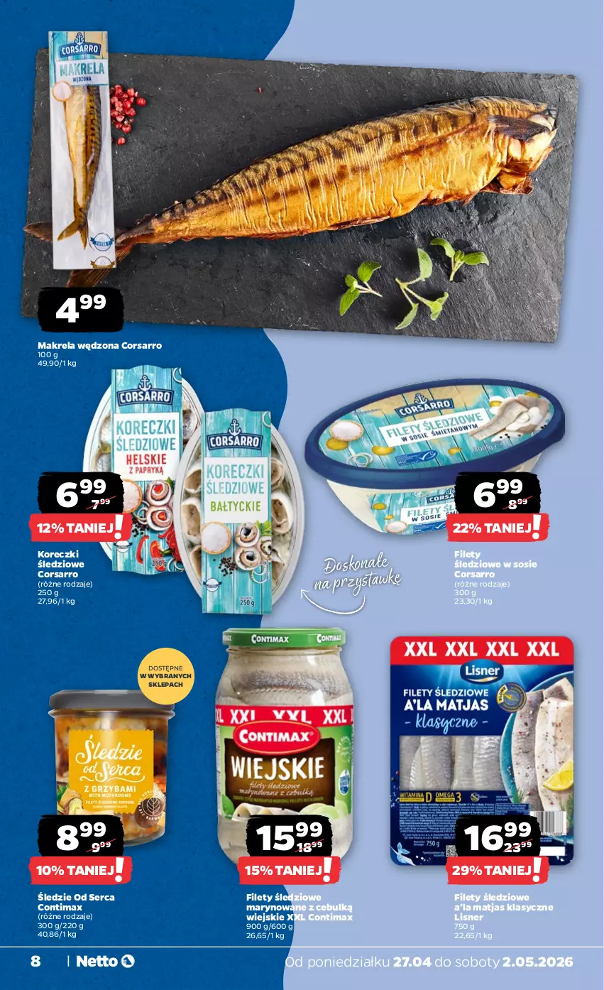 Gazetka promocyjna Netto - Od Poniedziałku - ważna 27.04 do 02.05.2026 - strona 8 - produkty: Koreczki śledziowe, Lisner, Matjas, Ser, Sos