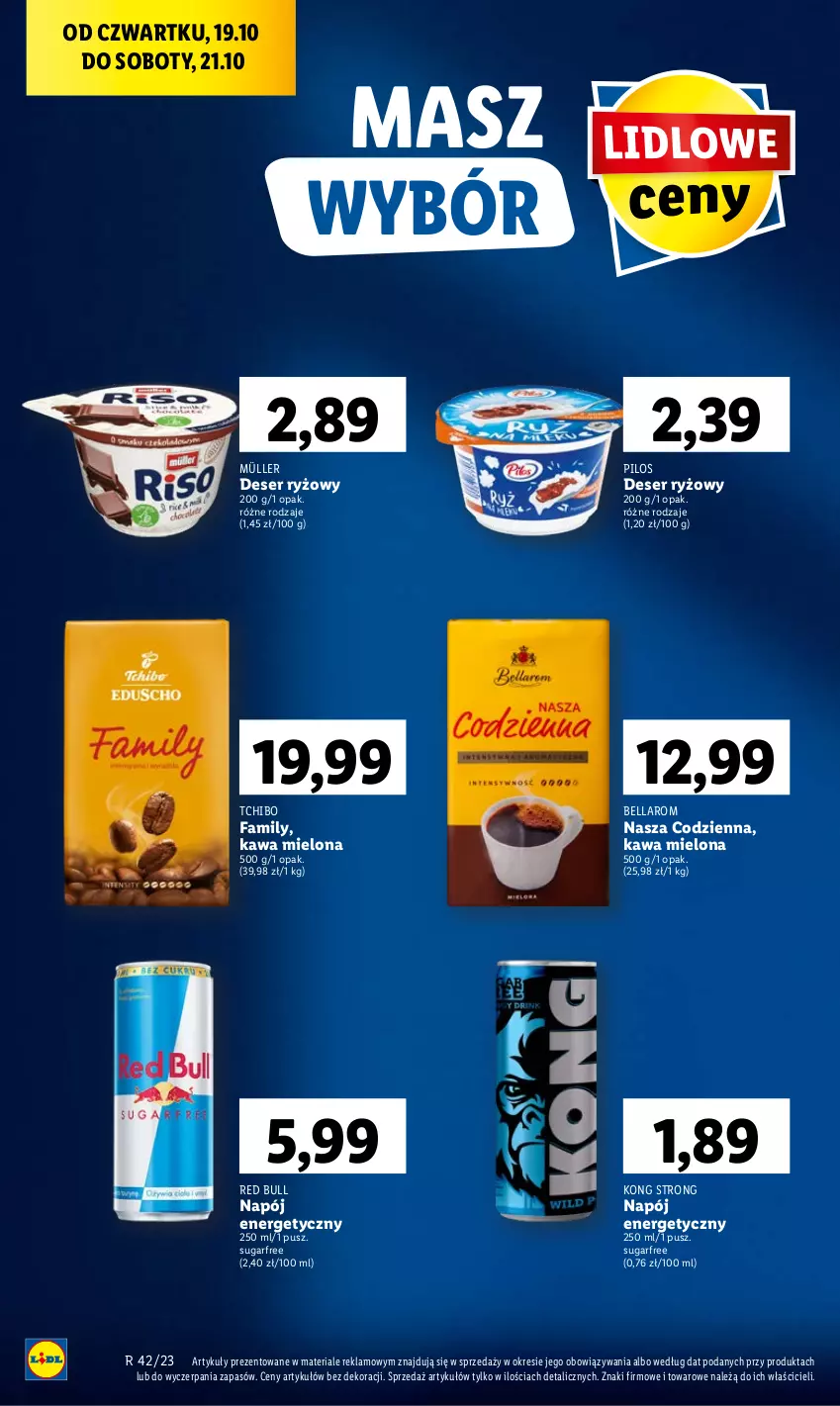 Gazetka promocyjna Lidl - GAZETKA - ważna 19.10 do 21.10.2023 - strona 12 - produkty: Bell, Bella, Deser, Fa, Kawa, Kawa mielona, Müller, Napój, Napój energetyczny, Pilos, Red Bull, Ryż, Ser, Tchibo, Tchibo Family