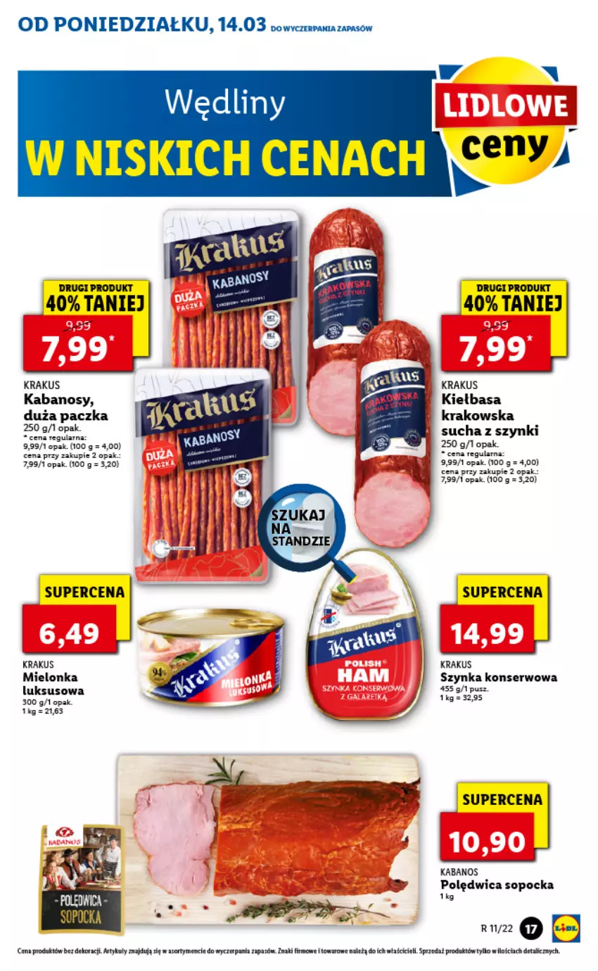 Gazetka promocyjna Lidl - GAZETKA - ważna 14.03 do 16.03.2022 - strona 17 - produkty: Fa, Gra, Kabanos, Kiełbasa, Krakus, Polędwica, Ser, Szynka, Szynka konserwowa